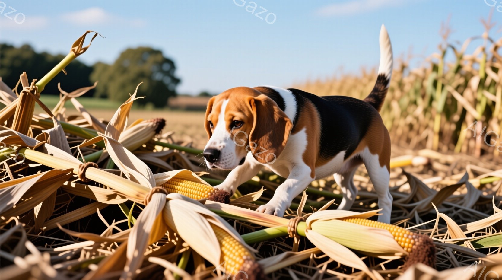 トウモロコシ畑の中で鼻を地面に近づけて何かを嗅ぎ回っているビーグル犬が写っています。犬は白、黒、茶色の毛並みを持ち、集中した表情で前方に進んでいます。背景には乾燥したトウモロコシの葉が広がり、遠くには - AI生成フリー素材