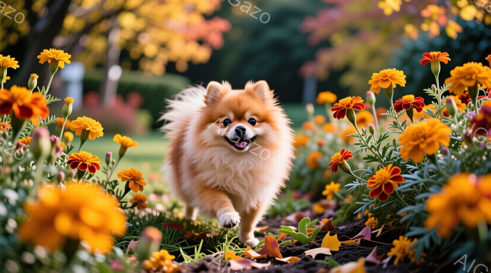 クリーム色のふわふわとした毛並みのポメラニアンが、オレンジと赤色のマリーゴールドの花壇の中を軽やかに走り回っています。犬は口を開けて楽しそうに笑っており、その表情は非常に明るく、活き活きとしています。 - AI生成フリー素材