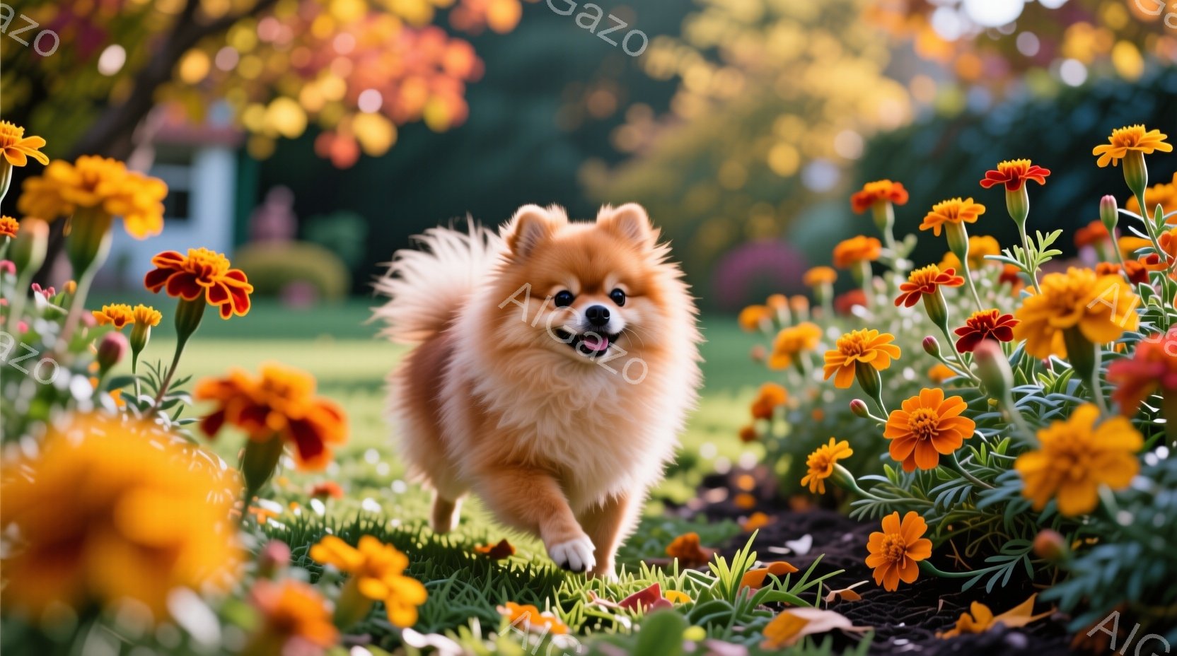 ふわふわのクリーム色のポメラニアンが、オレンジと黄色のマリーゴールドの花畑の中を元気に走り回っています。犬は口を開けて楽しそうに笑っており、その表情はとても愛らしいです。背景には緑豊かな草地とぼやけた建物が見え、穏やかで暖かい春の日の雰囲気を醸し出しています。