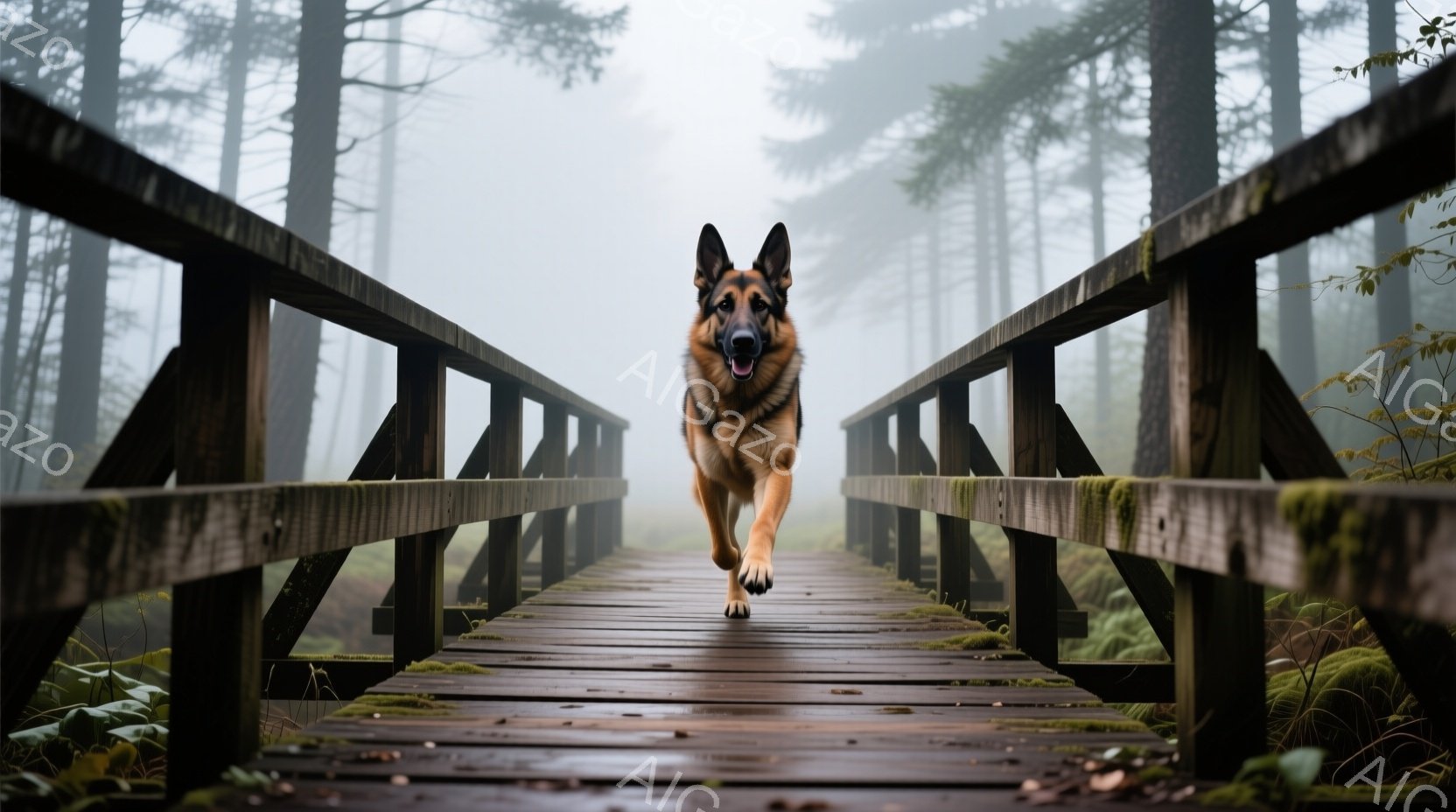 苔むした木製の橋の中央を、ジャーマンシェパードが勢いよく駆けている。背景は霧に包まれた森で、木々の緑と茶色がぼんやりと見える。全体的に湿り気のある、静かで神秘的な雰囲気が漂っている。