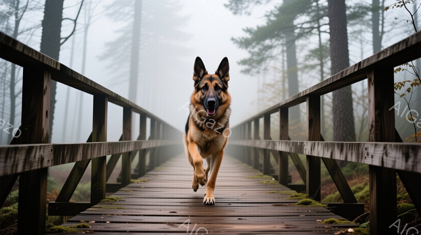 鮮やかな毛並みのジャーマンシェパードが、木製の橋の上を勢いよく走っている。背景は霧に包まれた森林で、木々のシルエットがぼんやりと見え、湿った空気を感じさせる。全体的に、活気がありながらも静寂な雰囲気で、自然の中での力強い躍動感が伝わってくる。
