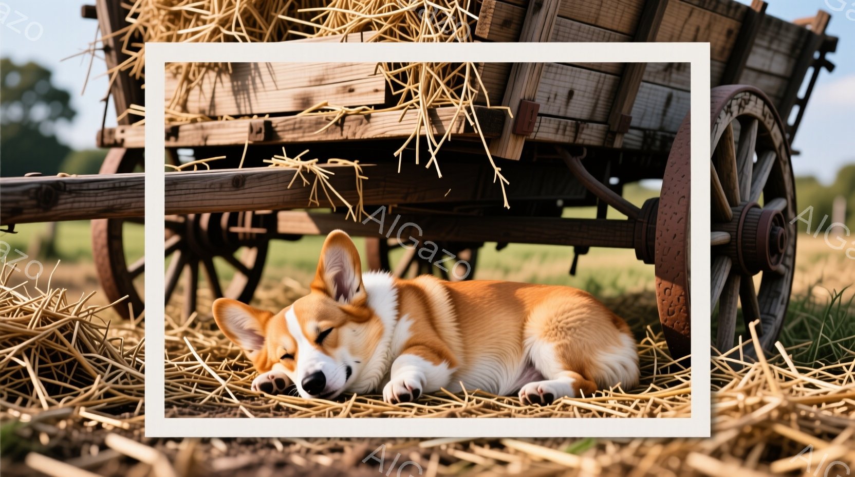 黄金色の牧草の上に、コーギー犬が丸まって眠っている姿が捉えられています。木製の古い馬車が背景にあり、犬の穏やかな眠りを際立たせています。背景には緑の草地と遠くの田園風景が広がり、暖かく平和な雰囲気を醸し出しています。