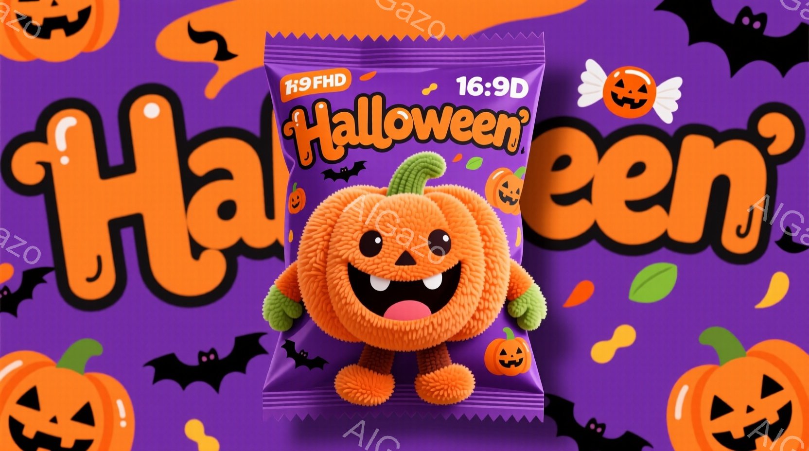 濃い紫色の背景に、ハロウィーンをテーマにしたお菓子が描かれています。お菓子はオレンジ色で、ふわふわとした質感で、可愛らしい表情をしています。背景には、カボチャの顔、コウモリ、そして緑色の茎と葉が散りば - AI生成フリー素材