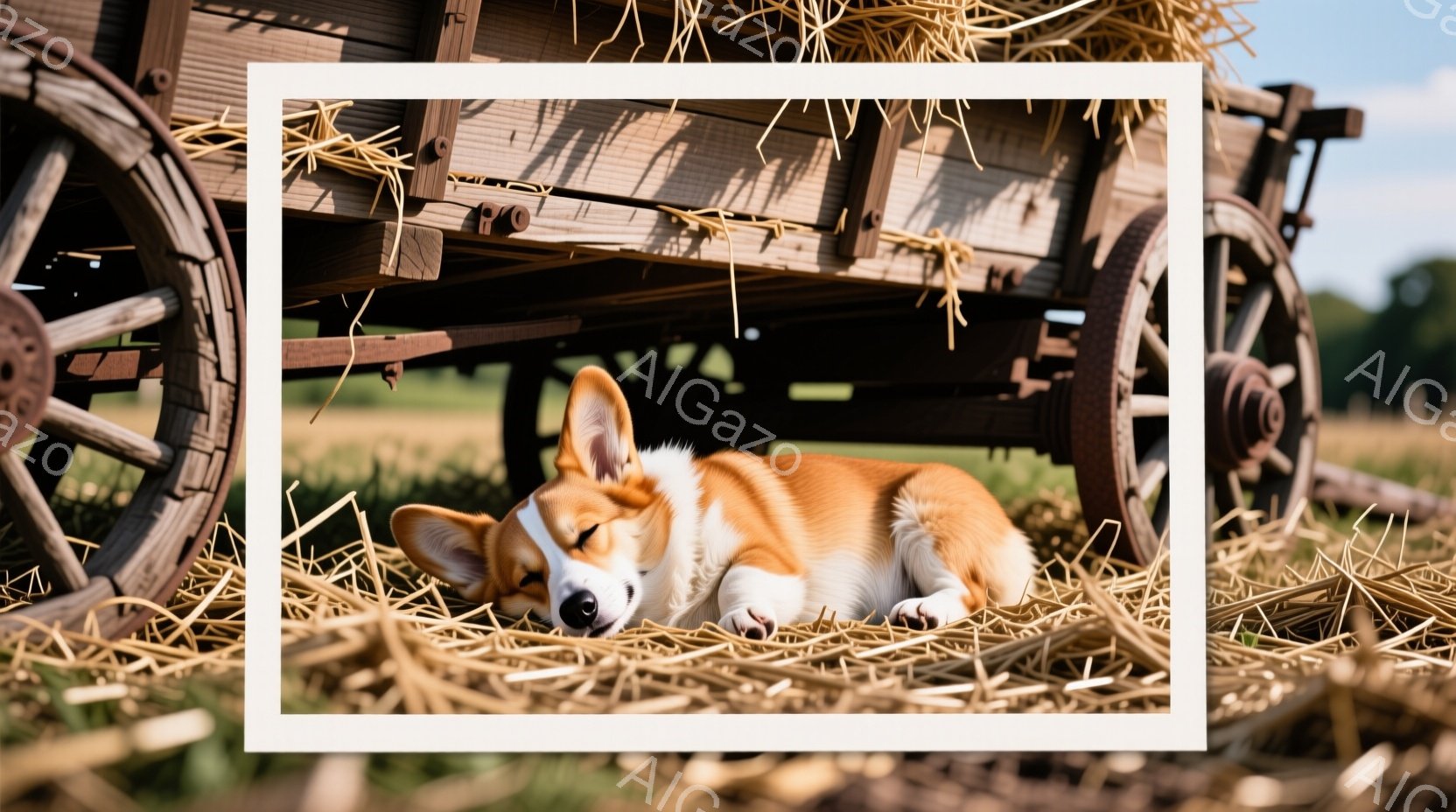 暖かい日差しの中、コルギ犬が干し草の中に横たわってリラックスしています。犬は茶色と白の毛並みで、目を閉じて完全にくつろいでおり、周囲の自然に溶け込んでいます。背景には馬車の車輪と緑豊かな草地が広がり、平和で牧歌的な雰囲気を醸し出しています。