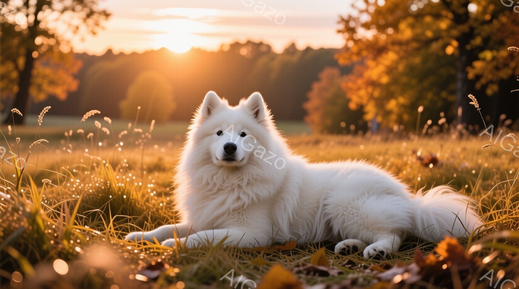 この、黄金色の日没時に撮影されたもので、大型の雪犬がフォーカスとなっています。犬は落葉が広がる草原に寝転んでおり、自然の光がその美しい毛色を強調しています。犬の表情は穏やかで、目は開いており、顔は前に向けられているようです。背景は秋の色と風景が掛け合わさり、雰囲気は平和で落葉が舞う空間を感じさせます。