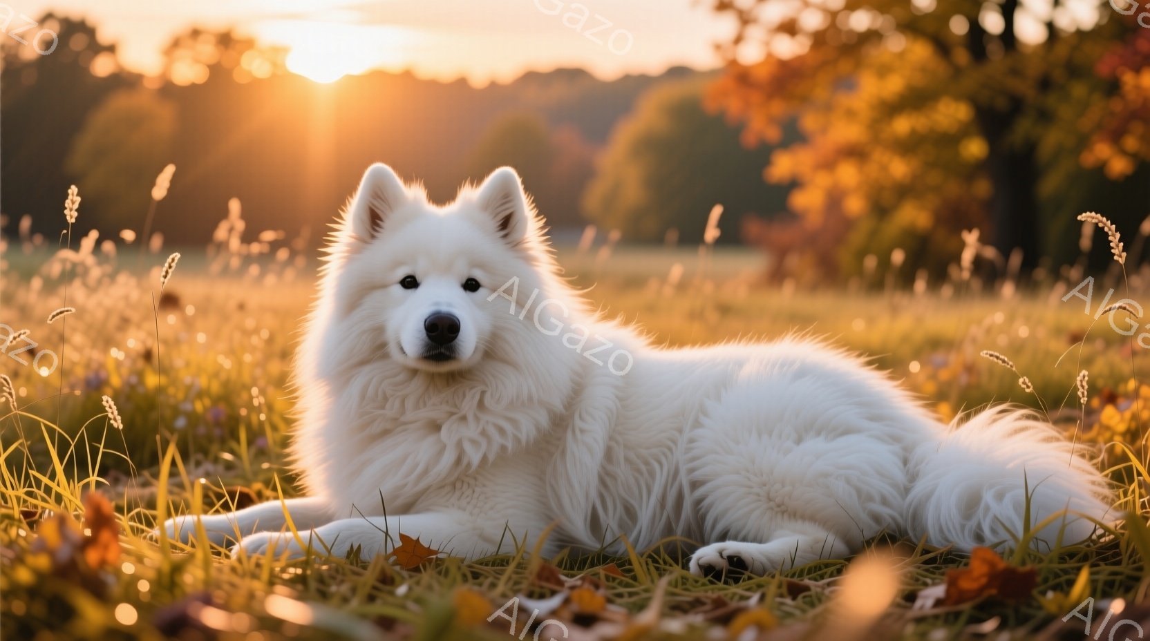 白い毛並みの大型犬が、草むらに横たわってこちらを見つめている。背景は夕焼けに照らされた草原で、秋の野草が咲き乱れ、暖かく穏やかな雰囲気を醸し出している。犬の表情は優しく、リラックスした様子が伝わってく - AI生成フリー素材