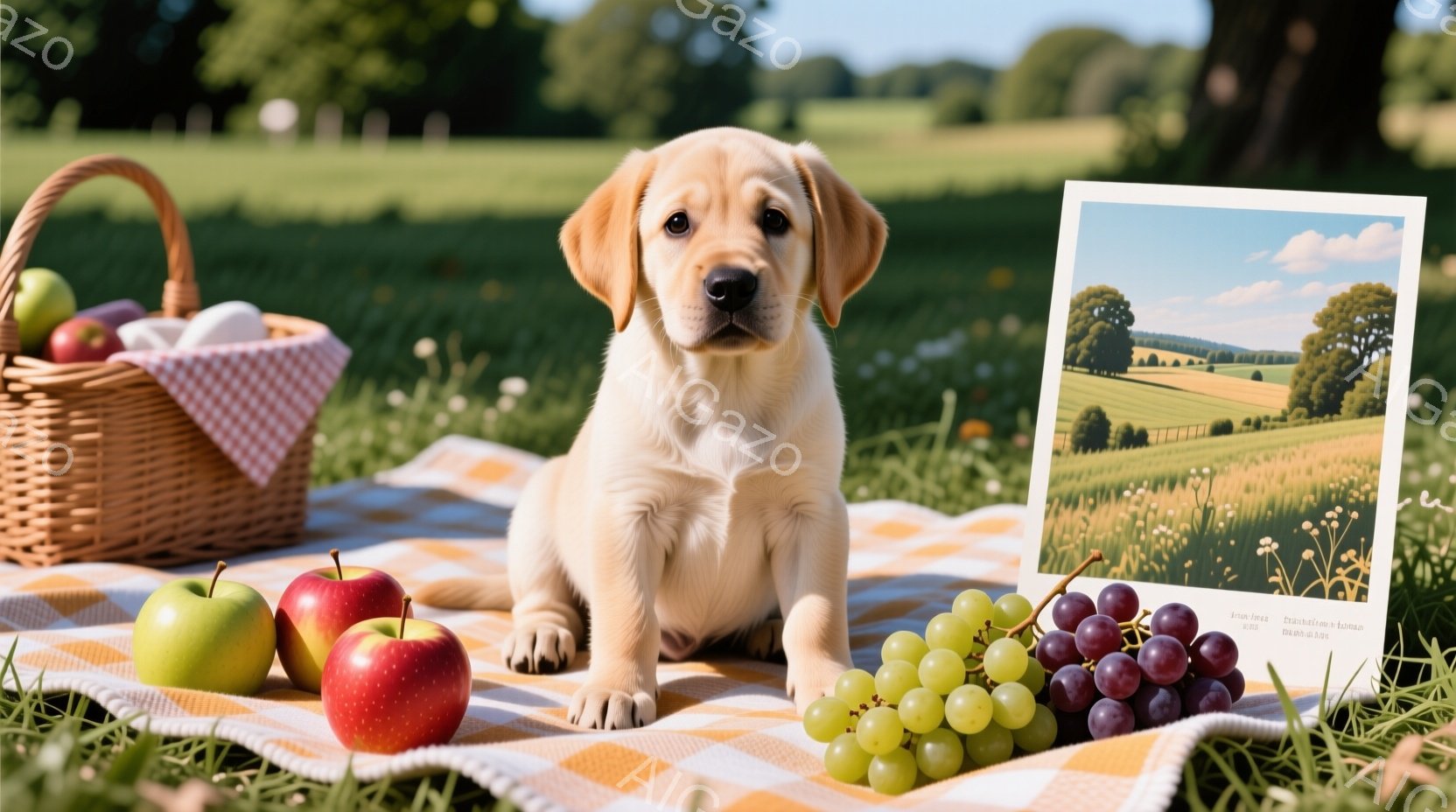 柔らかい毛並みのゴールデンレトリバーの子犬が、チェック柄のピクニックブランケットの上に座っています。周囲にはリンゴやブドウなどの果物が置かれ、緑豊かな草原と遠くの木々が広がっています。暖かい日差しが降 - AI生成フリー素材