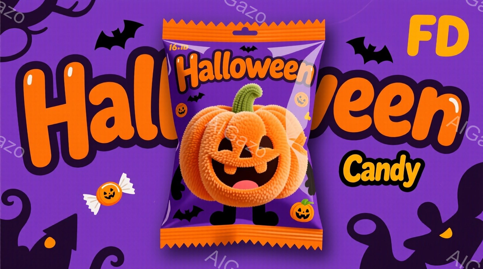 紫色の背景に、ハロウィーンをテーマにしたキャンディーのパッケージが描かれています。オレンジ色のジャック・オー・ランタンの形をしたキャンディーが中央に大きく配置され、周囲にはカラフルなリボンで結ばれたキ - AI生成フリー素材