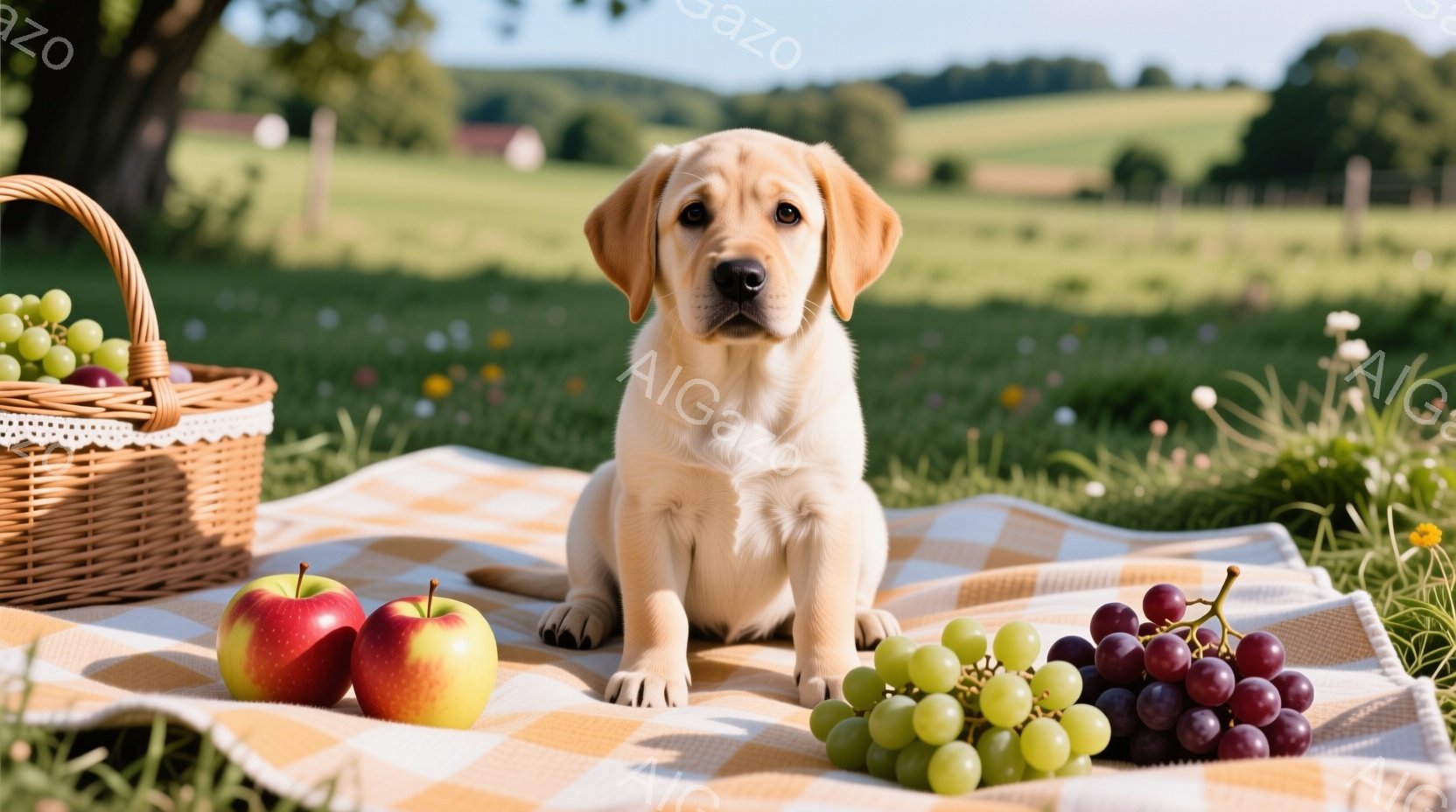 広々とした緑の草原に、チェック柄のピクニックブランコが敷かれ、その上にクリーム色のゴールデンレトリバーの子犬が座っています。鮮やかな赤いリンゴと、緑と紫のブドウがブランコの上に置かれ、その隣には籐製のバスケットが置かれています。背景には、遠くの建物と青空が広がり、穏やかで牧歌的な雰囲気が漂います。