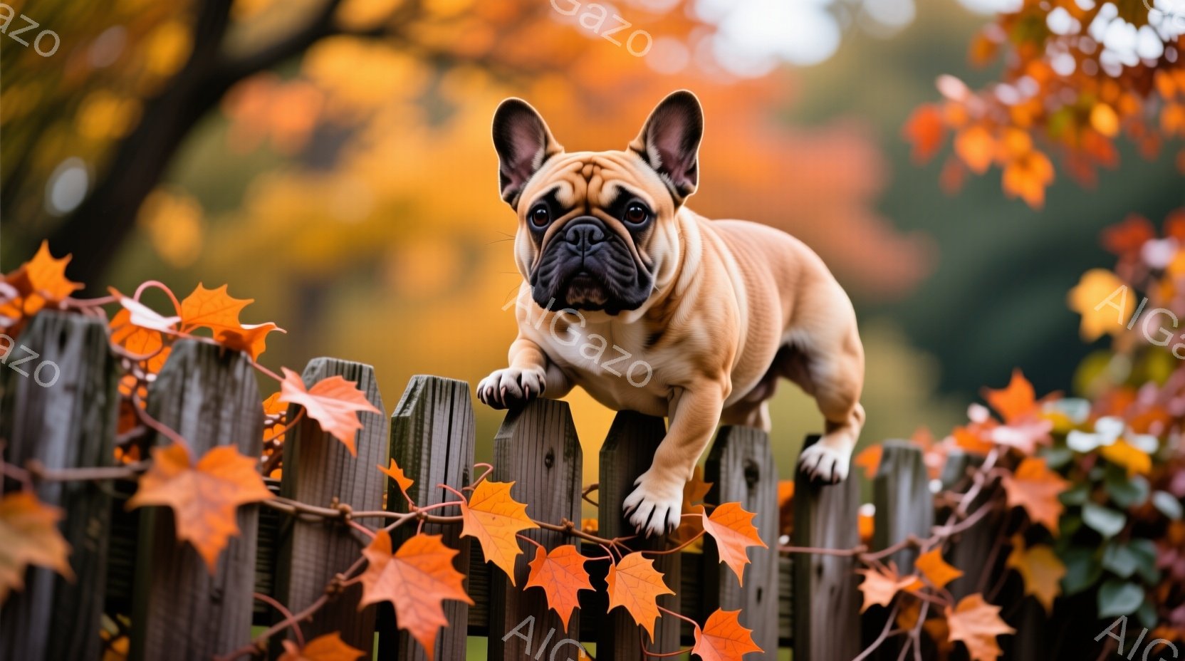 秋の風景の中に、茶色のフレンチブルドッグが木の柵の上に立っている。犬は前足を柵の上に置き、顔を少し上げてこちらを見ている。背景には燃えるような紅葉が広がり、温かく鮮やかな秋の雰囲気を醸し出している。