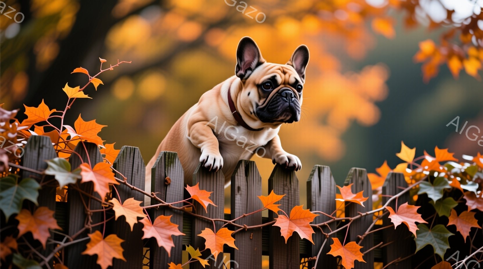 明るい茶色のフレンチブルドッグが、オレンジと赤色の紅葉に覆われた木の柵の上に立っている。犬は少し横を向き、好奇心と警戒心を込めた表情でこちらを見ている。背景はぼやけた秋の風景で、暖色系の葉が広がり、穏 - AI生成フリー素材