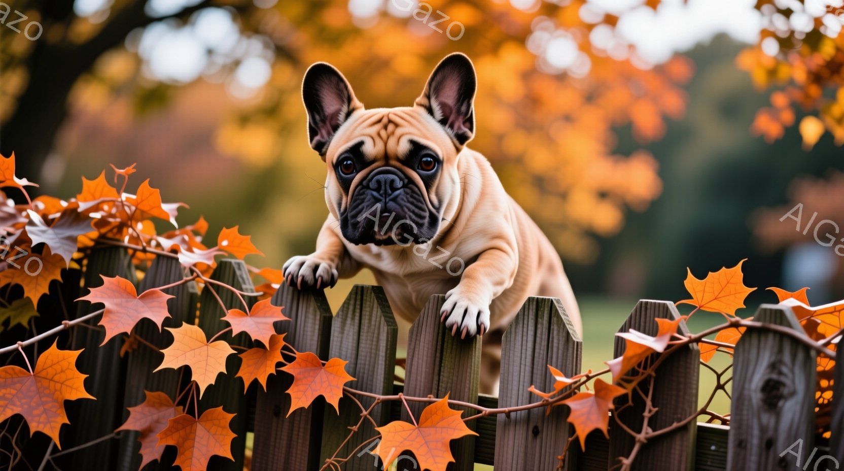 クリーム色のフレンチブルドッグが木製の柵の上に乗ってこちらを見ています。秋の紅葉のつるが柵に絡みつき、背景には緑豊かな自然が広がっています。暖かく穏やかな雰囲気で、秋の訪れを感じさせる一枚です。 - AI生成フリー素材