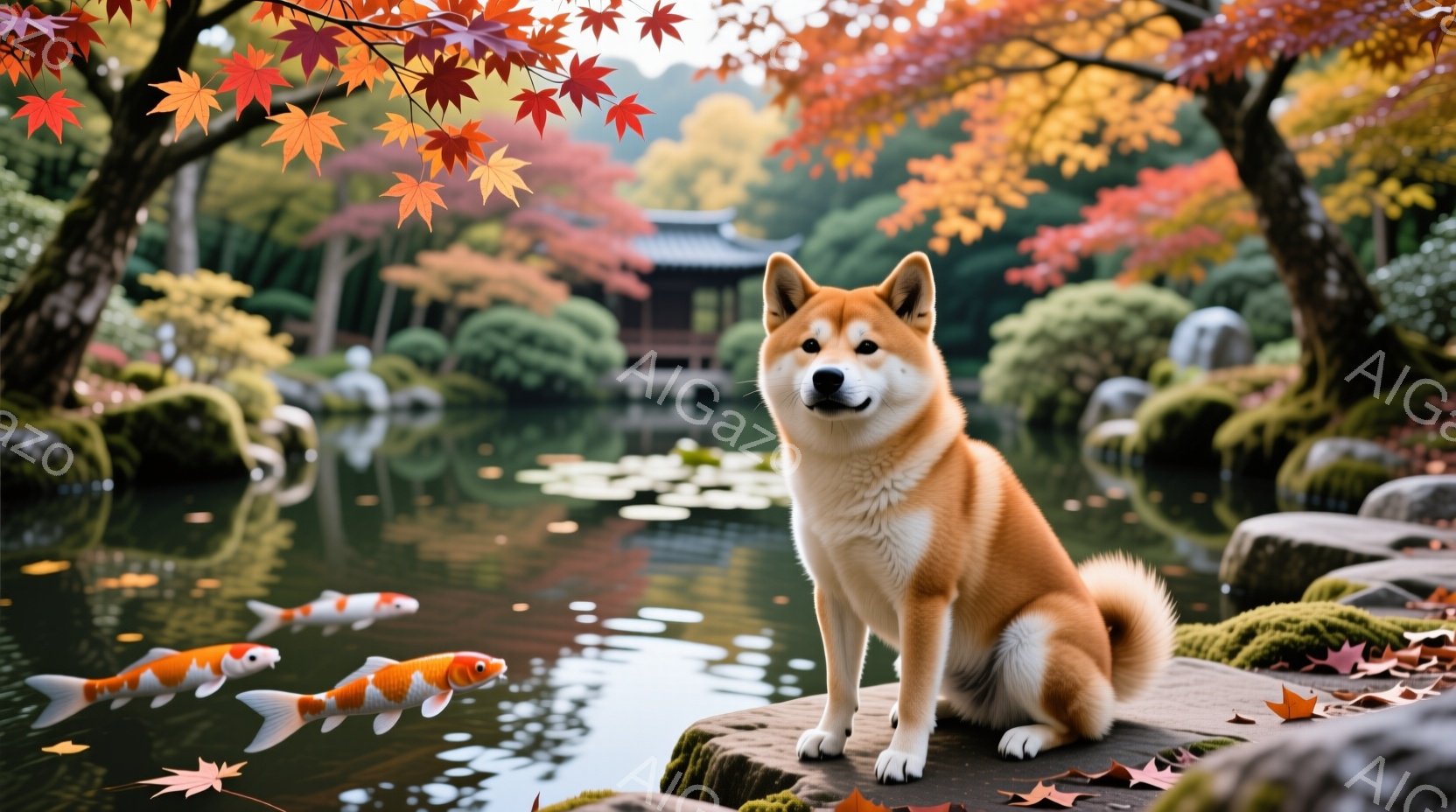 鮮やかな秋色の背景に、柴犬が岩の上に座ってこちらを見ている写真です。池には錦鯉が泳ぎ、背景には日本の庭園の建物と紅葉の木々が見えます。全体的に穏やかで美しい雰囲気が漂っています。