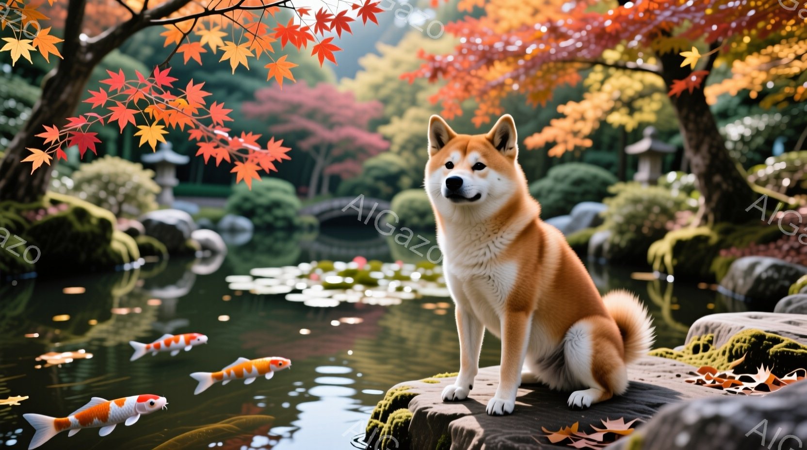 鮮やかな秋の庭園を背景に、柴犬が岩の上に座って正面を見つめています。池には錦鯉が泳ぎ、赤や黄色の紅葉が池の周りの緑を彩り、穏やかで静謐な雰囲気を醸し出しています。犬は落ち着いた表情で、まるで庭園の番人のように凛とした姿を見せています。