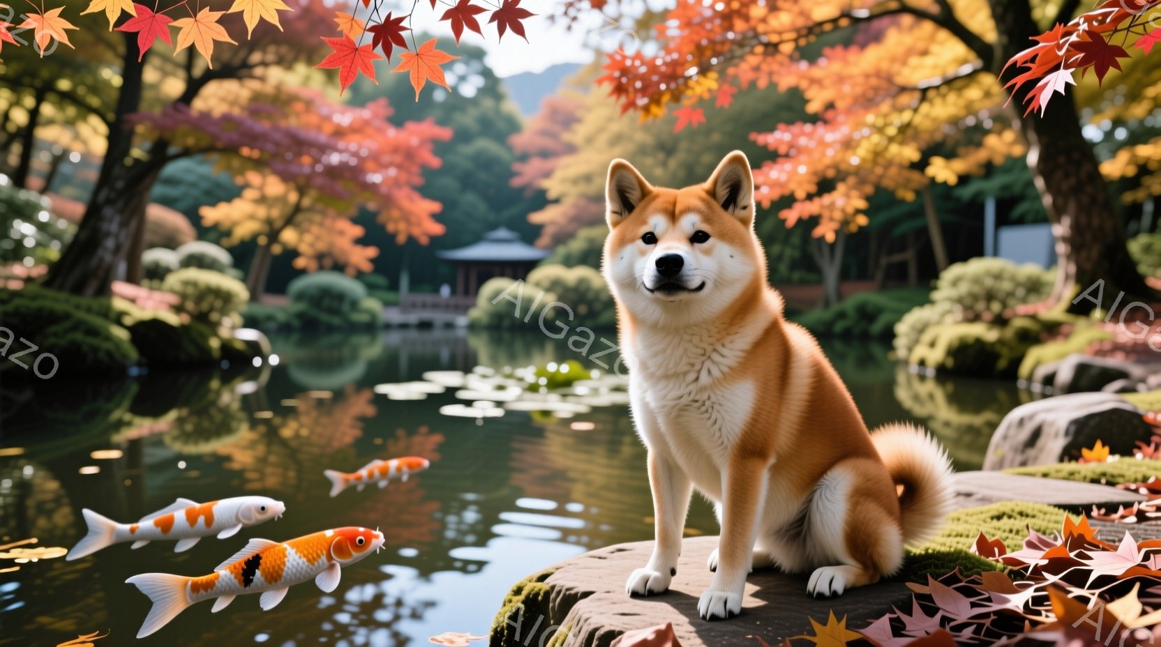 鮮やかな秋色の背景に、柴犬が岩の上に座ってこちらを見つめている。池には錦鯉が泳ぎ、背景には日本の伝統的な建物と紅葉が広がり、穏やかで美しい雰囲気を醸し出している。柴犬は凛とした表情で、秋の自然の中で静かにたたずんでいる様子が印象的である。