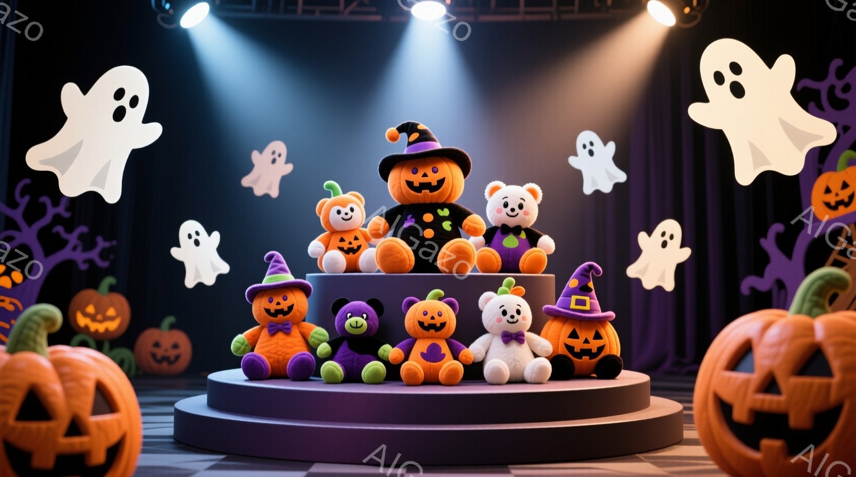 ハロウィーンをテーマにしたぬいぐるみたちが、紫色のステージに並んで座っています。それぞれのぬいぐるみは、カボチャや魔女の帽子など、ハロウィーンらしい衣装を着ており、可愛らしい表情をしています。背景には、オレンジ色のジャック・オ・ランタンや白いお化けが浮かび、不気味ながらも楽しい雰囲気を醸し出しています。