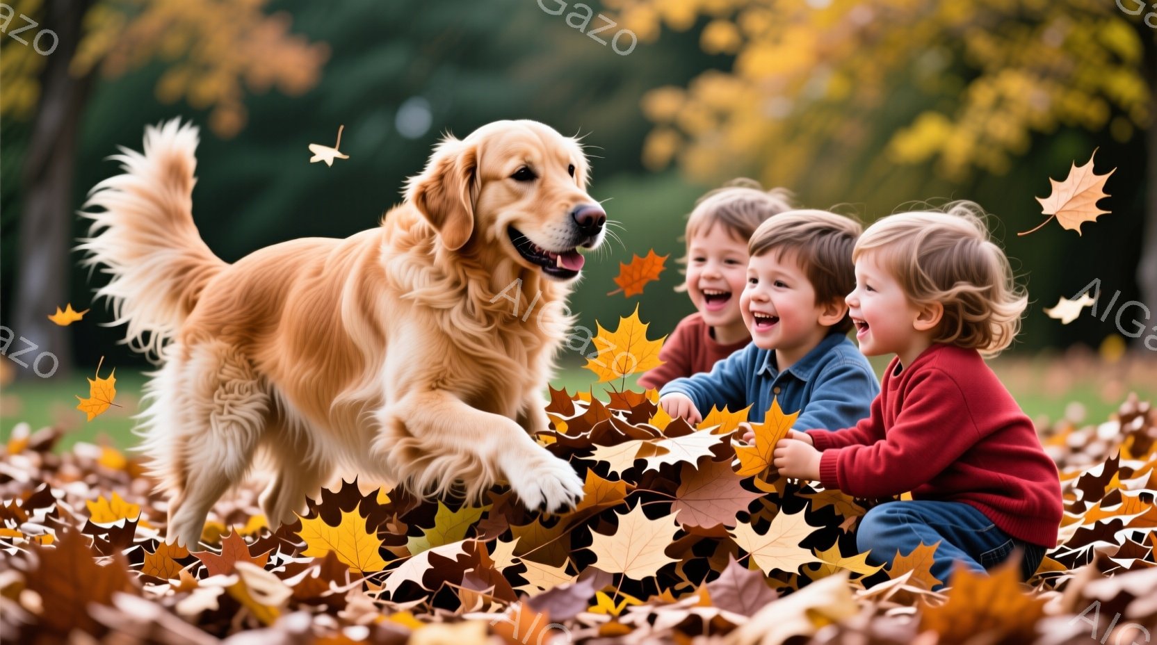落ち葉の中にいる二人の少年とゴールデンレトリバーが写っている。少年たちはそれぞれ青いシャツと赤いセーターを着ており、満面の笑みを浮かべている。背景には緑の木々と落ち葉が広がり、秋の暖かく明るい雰囲気が - AI生成フリー素材