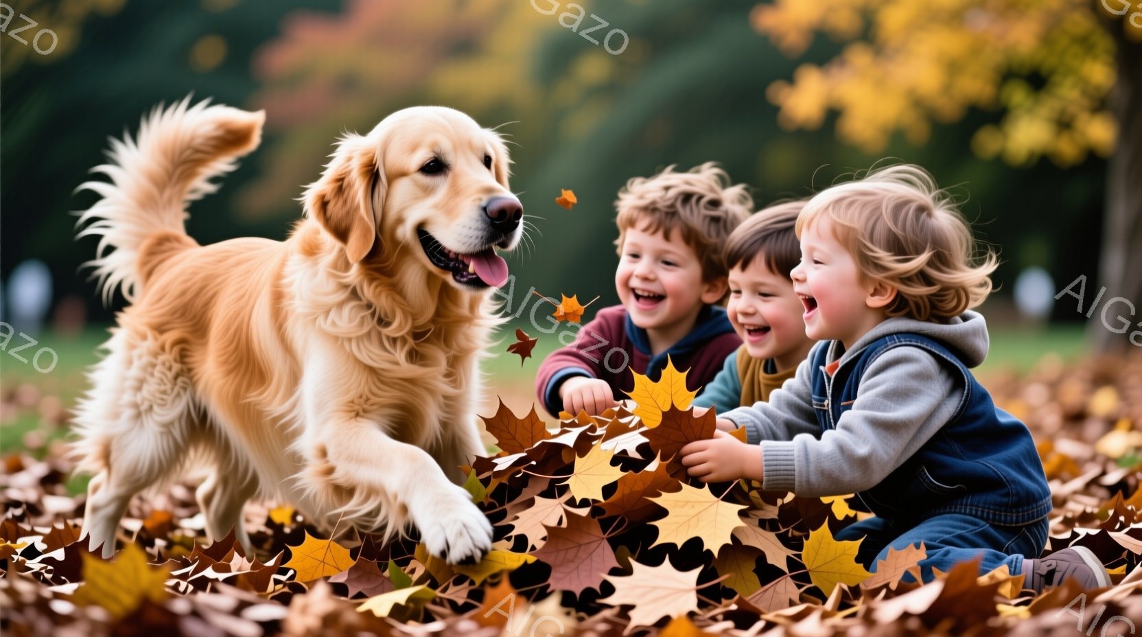 金色のレトリバーが駆け出し、2人の幼い少年は落ち葉の中で楽しそうに遊んでいる。少年たちはそれぞれ赤いセーターとグレーのパーカーを着ており、明るい笑顔を浮かべている。背景には、鮮やかな秋色の木々と緑の芝 - AI生成フリー素材