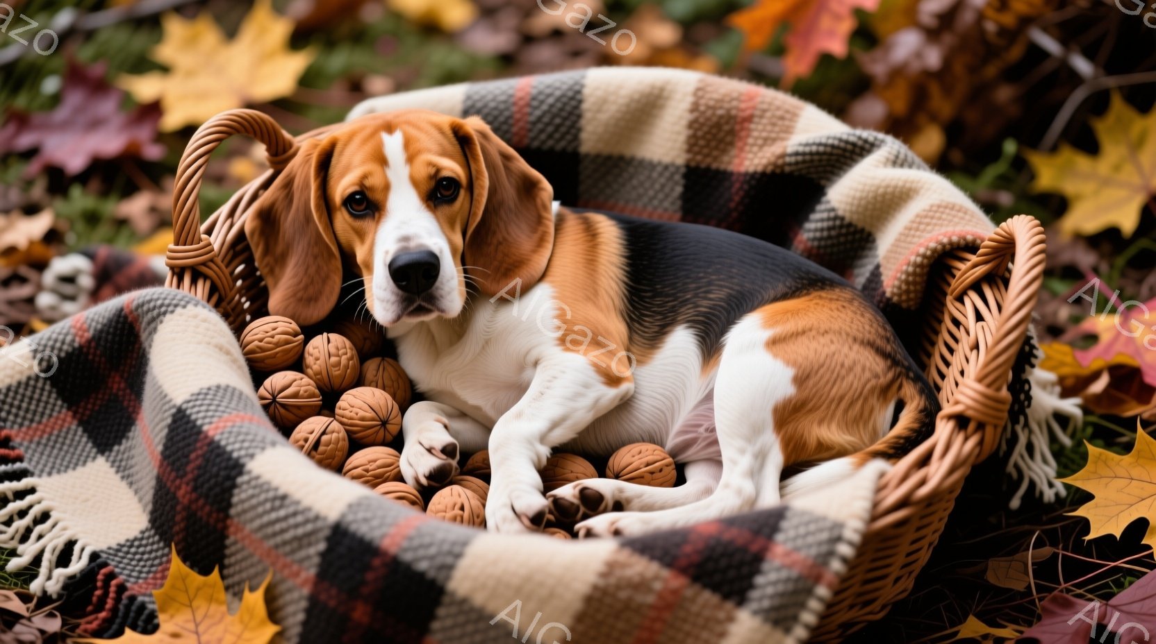 暖かいチェック柄のブランケットとクルミに囲まれたビーグル犬が、バスケットの中に横たわっています。犬はリラックスした表情で、穏やかな秋の風景の中で安らぎを感じさせてくれます。背景には落ち葉が散りばめられ - AI生成フリー素材