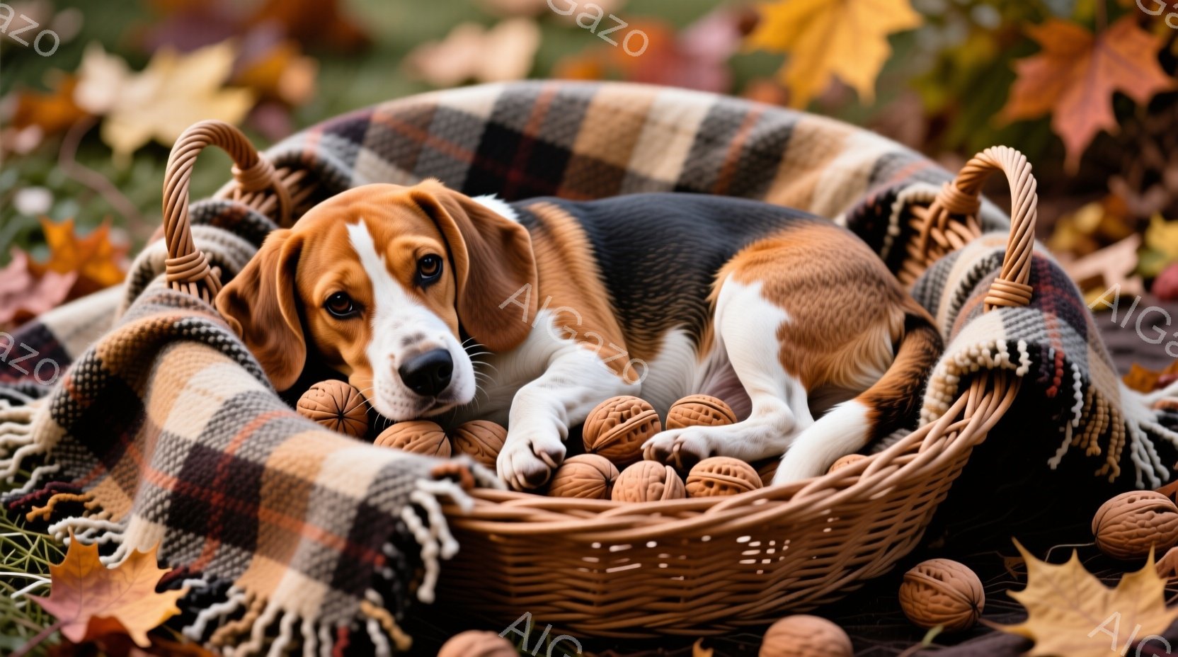 暖かい毛布が敷かれた籐の籠の中に、ビーグル犬が横たわっています。周りにはクルミが散りばめられ、秋の穏やかな雰囲気を醸し出しています。犬はリラックスした表情で、秋の光の中で静かにくつろいでいる様子が伺えます。