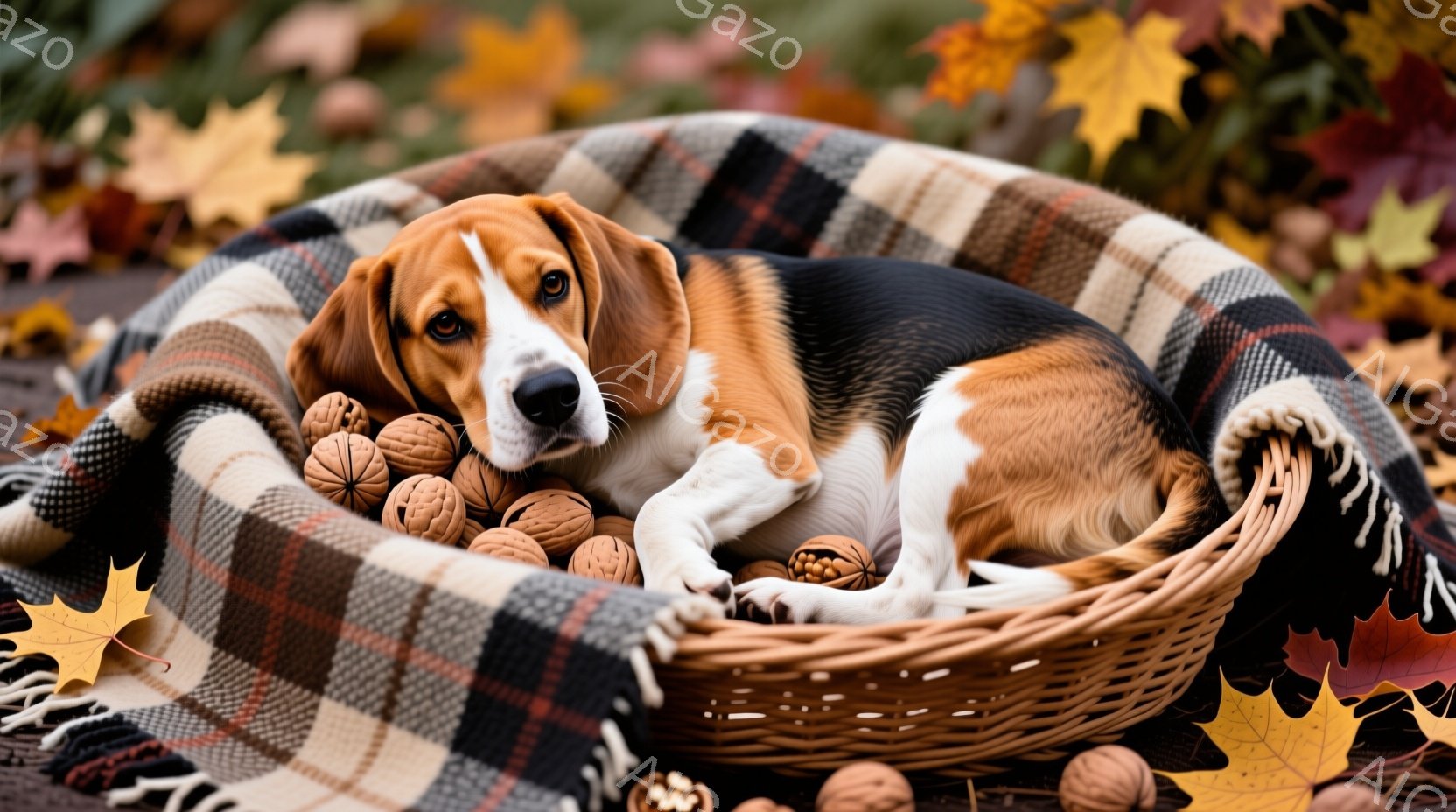 籠の中にビーグル犬が横たわっており、周囲にはクルミが散りばめられています。犬はリラックスした表情で、チェック柄のブランケットに包まれています。背景には紅葉した葉が広がり、秋の穏やかな雰囲気を醸し出しています。
