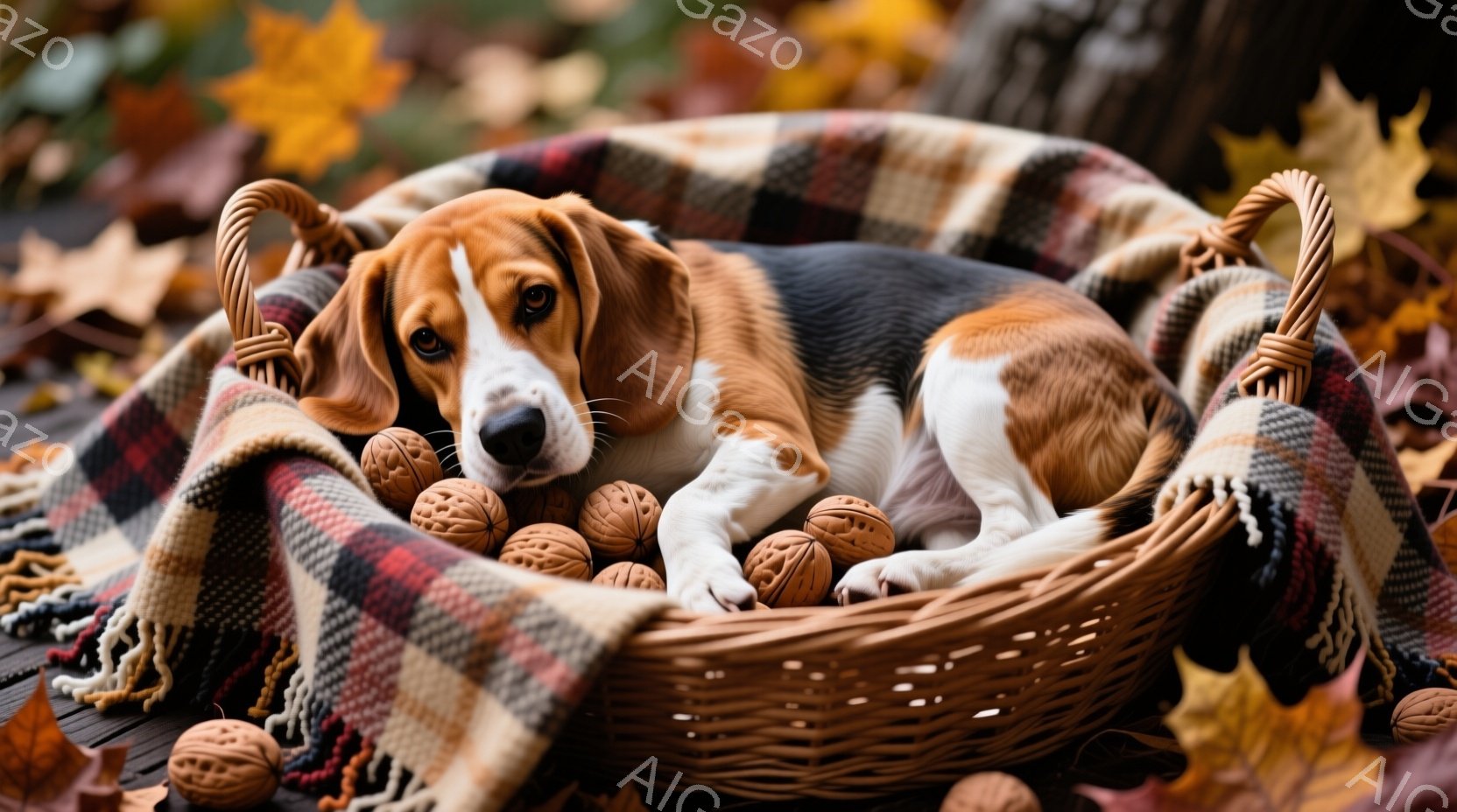 この、秋のフォリージュースが用意されたベッドに寝たダックスフンドが描かれています。犬は落葉の下で安らかな表情をしており、その周りには小さなオーナンツグッズが散りばめられているようです。背景は自然的な景色であり、爽やかな気分を与えます。全体として、秋の暖かさと動物の楽しい生活を表現するように見受けられます。