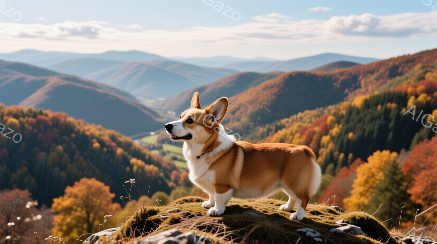 オレンジ色のコーギー犬が、緑の苔むした岩の上で横向きに立っている。背景には、秋の色とりどりの木々が広がる山々が連なり、晴れた空の下、穏やかな雰囲気を作り出している。犬は自信に満ちた表情で遠くを見つめ、自然に溶け込む美しい風景の中に佇んでいる。