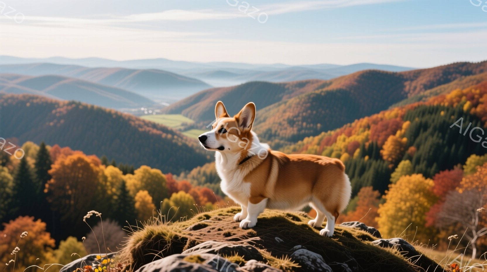 赤褐色のコーギー犬が、緑の草が生い茂る岩の上に堂々と立っている。背景には、秋の色鮮やかな紅葉に覆われた山々が広がり、遠くには霞んだように見える山並みが連なっている。全体的に穏やかで美しい自然の風景が広 - AI生成フリー素材