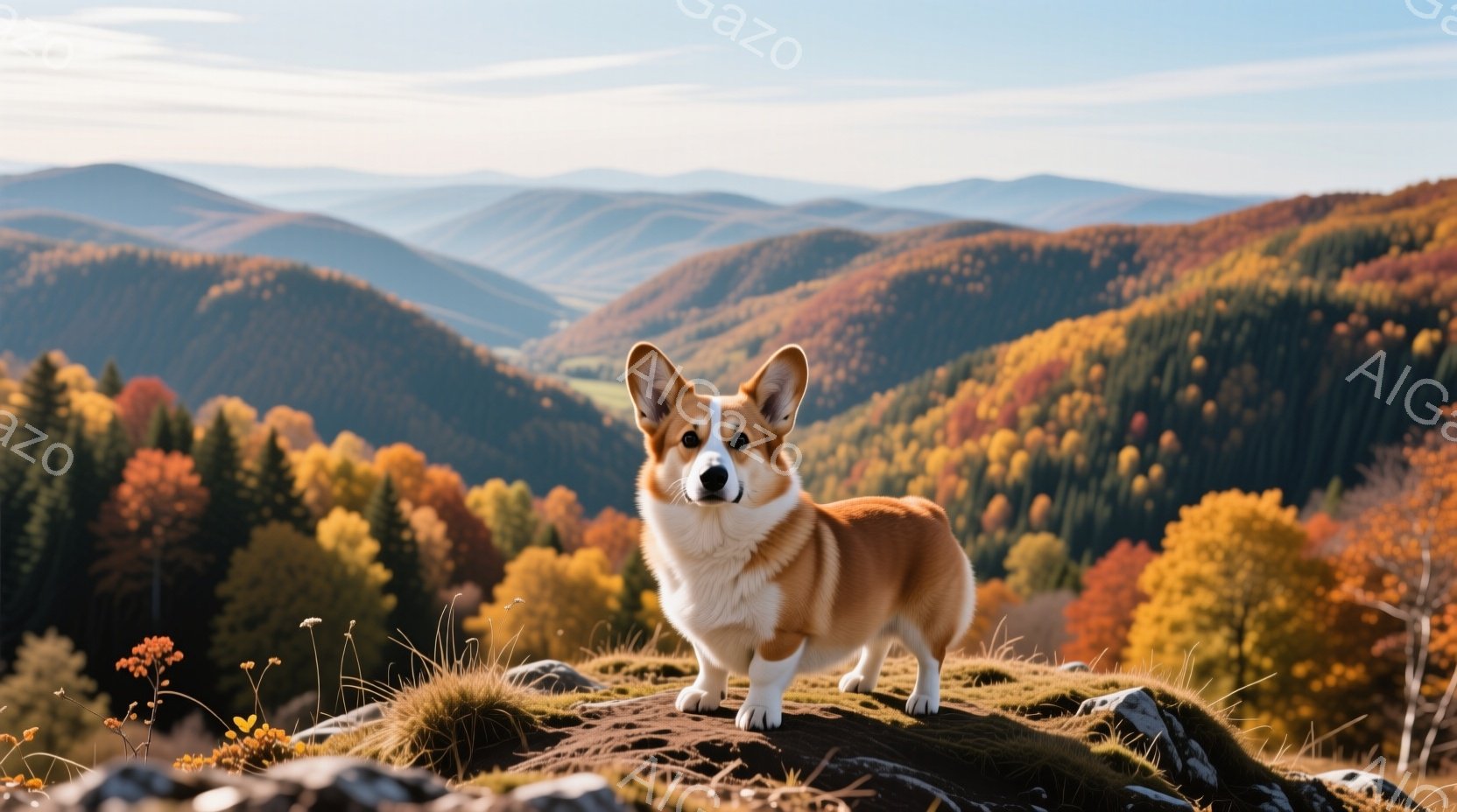 起伏に富んだ緑の丘の上に立つ、茶色と白のコーギー犬が写っています。犬は正面を向き、少し上目遣いで、落ち着いた表情をしています。背景には、秋の紅葉に染まった山々が広がり、晴れた空の下、穏やかで美しい自然 - AI生成フリー素材