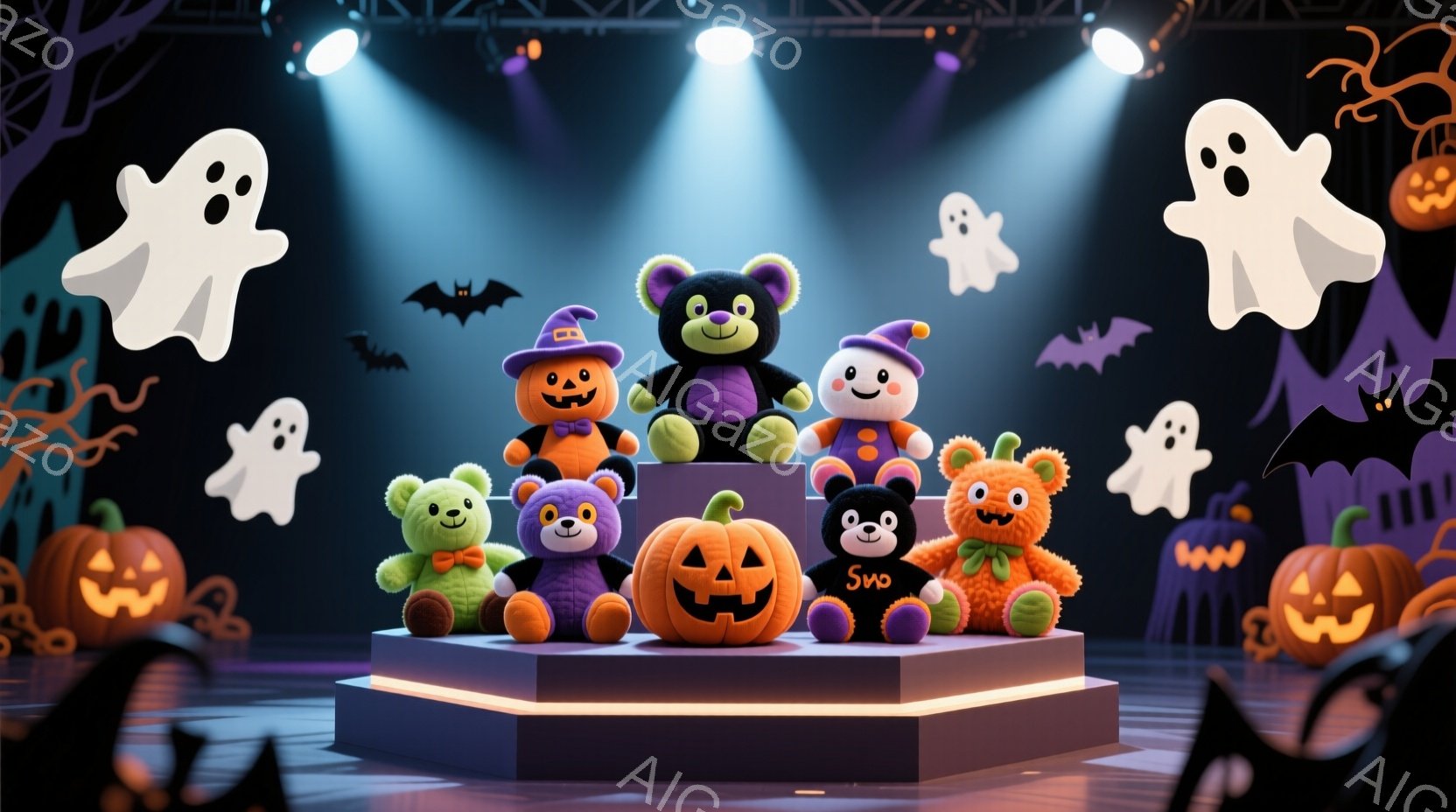 ハロウィーンの背景に、可愛らしいテディベアたちが段差のある台に並んで立っています。それぞれ異なる衣装を着ており、カボチャ、魔女、コウモリなどをモチーフにしたハロウィーンらしい装いです。背景にはお化けや - AI生成フリー素材