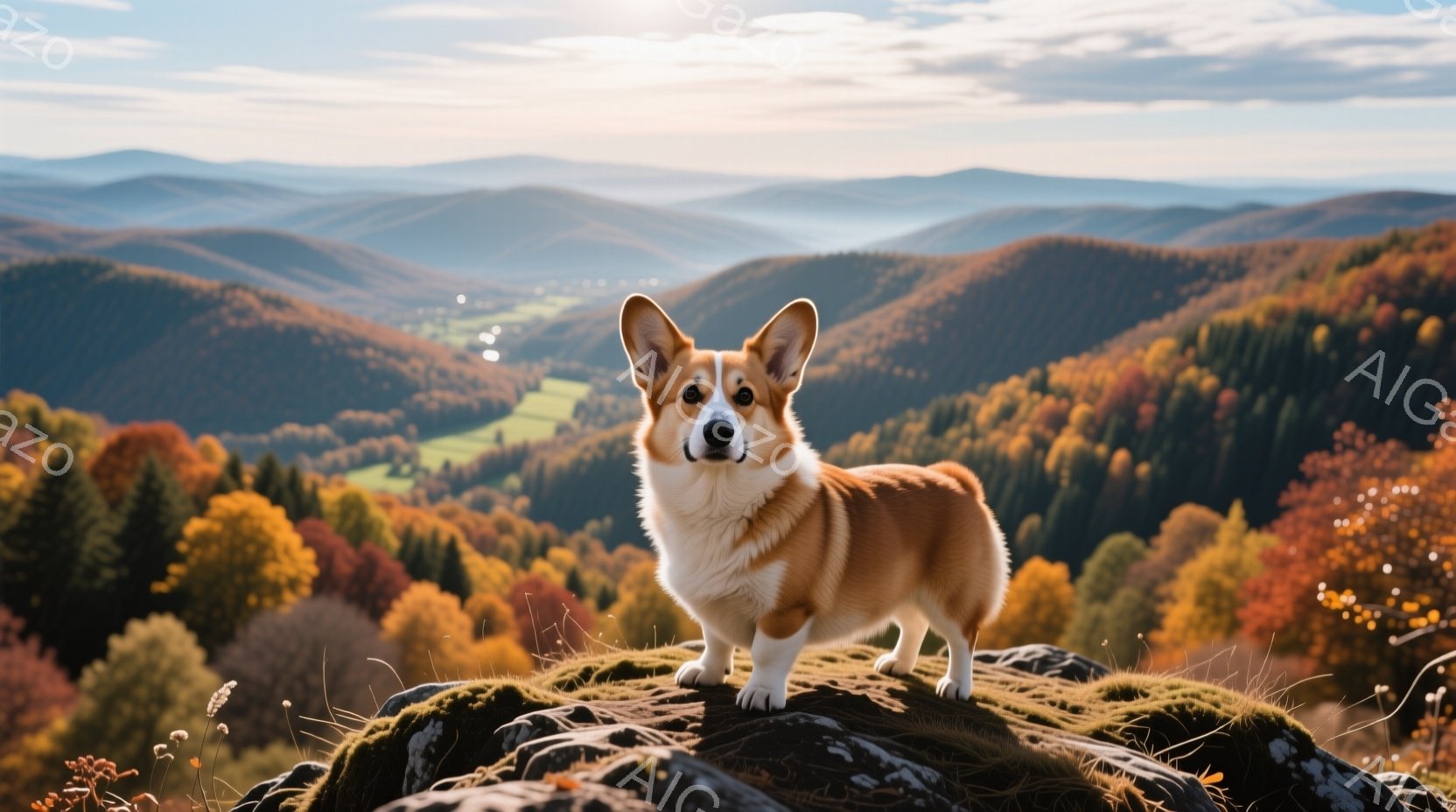 鮮やかな秋色の森林を見下ろすコルギ犬が、苔むした岩の上に立っている。犬はオレンジと白の毛並みで、まっすぐ前を向いて凛とした表情を見せ、まるで自分の領土を見渡しているようだ。背景には、遠くまで広がる緑と赤、黄色の木々が連なり、穏やかな秋の陽光が降り注いでいる。
