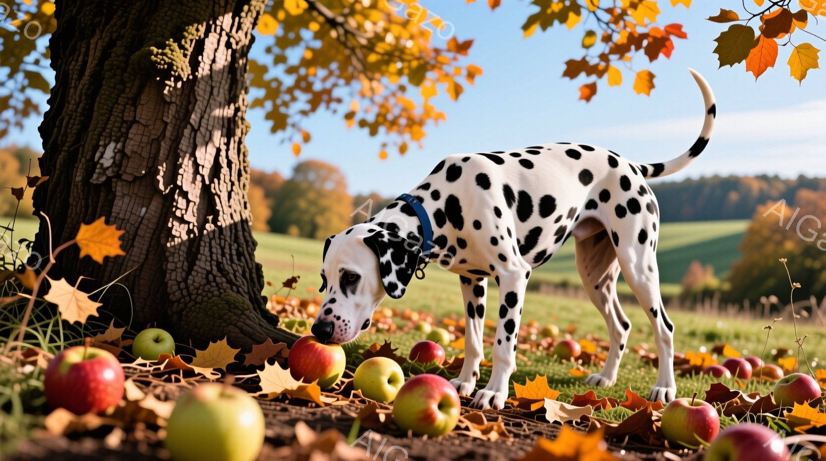 ダルメシアン犬が、赤いリンゴが散らばる草原の木のそばで鼻をリンゴにつけています。秋の黄葉が舞い散り、背景には緑の丘が広がって穏やかな雰囲気を醸し出しています。犬は好奇心と楽しさを湛えた表情で、秋の風景 - AI生成フリー素材