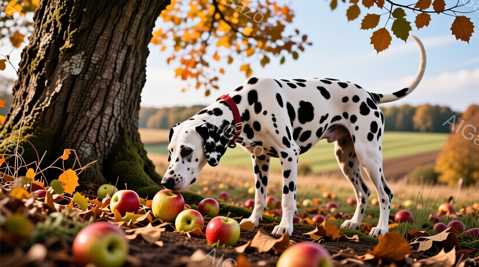 ダルメシアン犬が、地面に散らばる赤いリンゴの間に鼻を近づけています。背景には、緑の牧草地と遠くの森林が広がり、木々の葉は秋の色に染まっています。全体的に穏やかで、秋の日の静けさと犬の好奇心を捉えた雰囲気です。
