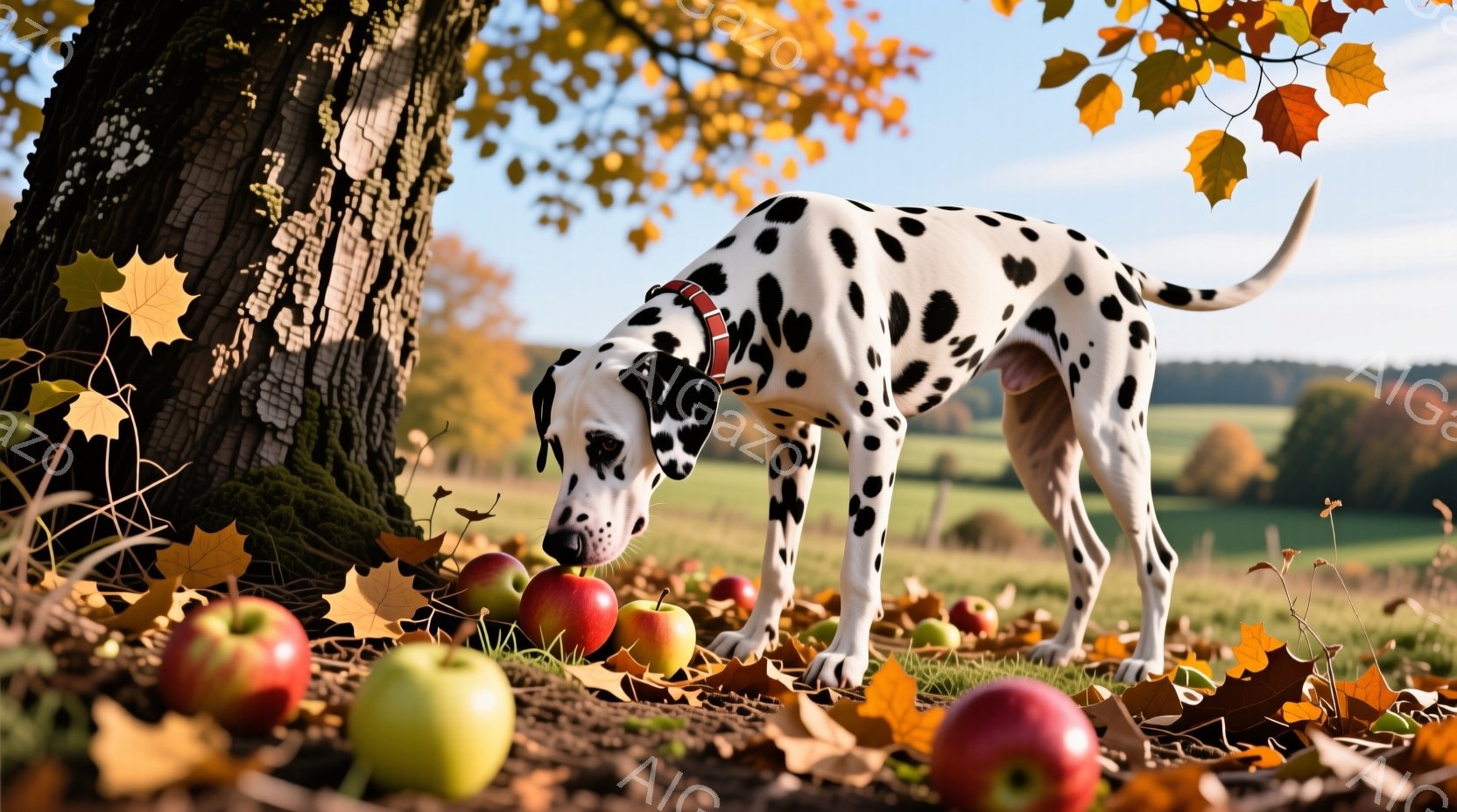 白地に黒い斑点模様のダルメシアン犬が、赤いリンゴが散らばる草の上に鼻を近づけています。秋の黄葉が犬の周りに散りばめられ、背景には緑豊かな丘と青空が広がっています。全体的に暖かく、穏やかな秋の日の雰囲気 - AI生成フリー素材