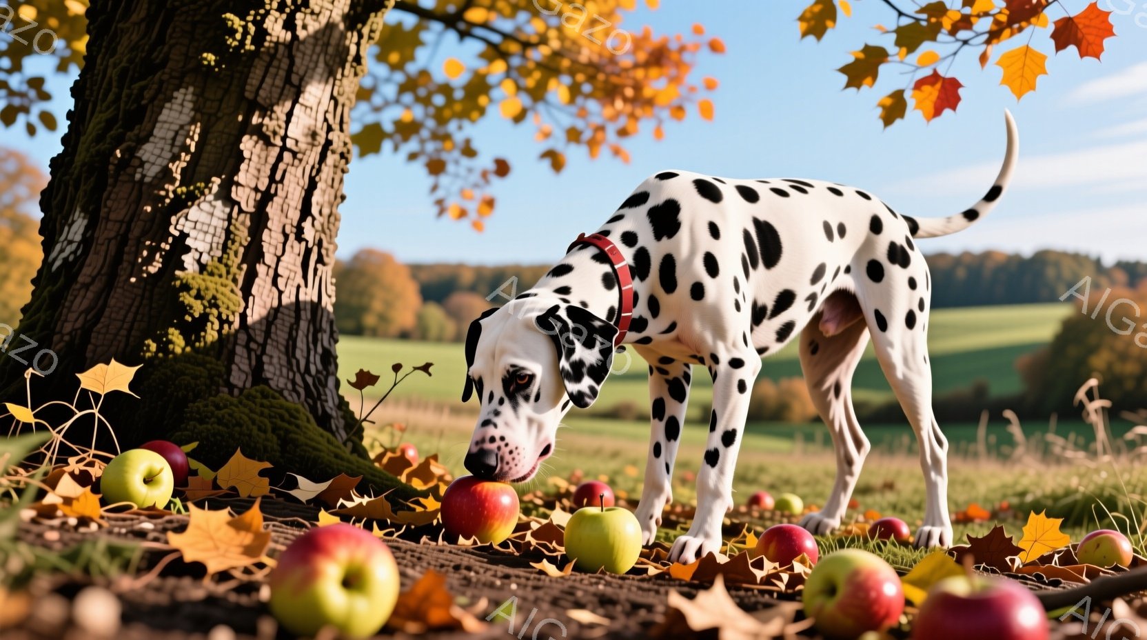 ダルメシアン犬が、落ち葉と赤いリンゴが散らばる草の上に鼻を付けています。犬は赤い首輪をつけており、集中した表情でリンゴの匂いを嗅いでいるようです。背景には緑の芝生、木々、そして秋らしい色の葉が広がり、穏やかで静かな雰囲気を醸し出しています。