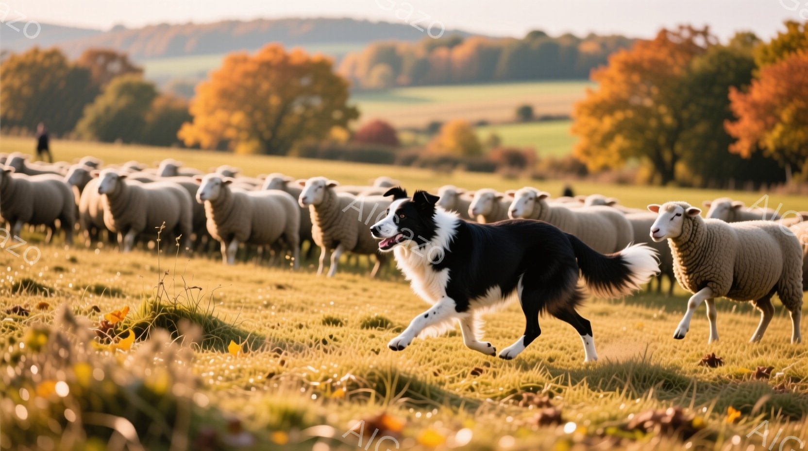 広大な緑の牧草地で、黒と白のボーダーコリーが羊の群れを先導して走っている。背景には、秋色の葉が茂った木々と、遠くに見えるなだらかな丘陵地帯が広がり、暖かく穏やかな雰囲気である。犬は活発で集中した表情で、羊たちは穏やかに犬の後ろを追っている様子が伺える。