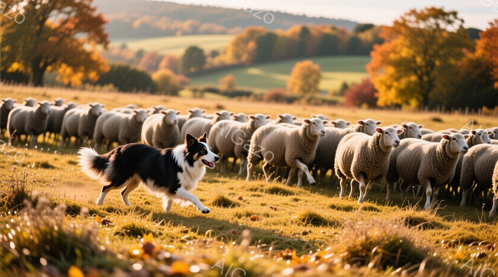 広大な牧草地を、多くの白い羊が密集して移動している。黒と白のボーダーコリーが羊の群れの先頭を走り、牧羊犬としての役割を果たしている様子が伺える。背景には、秋の色づき始めた木々と穏やかな丘陵が広がり、暖かく平和な雰囲気が漂っている。
