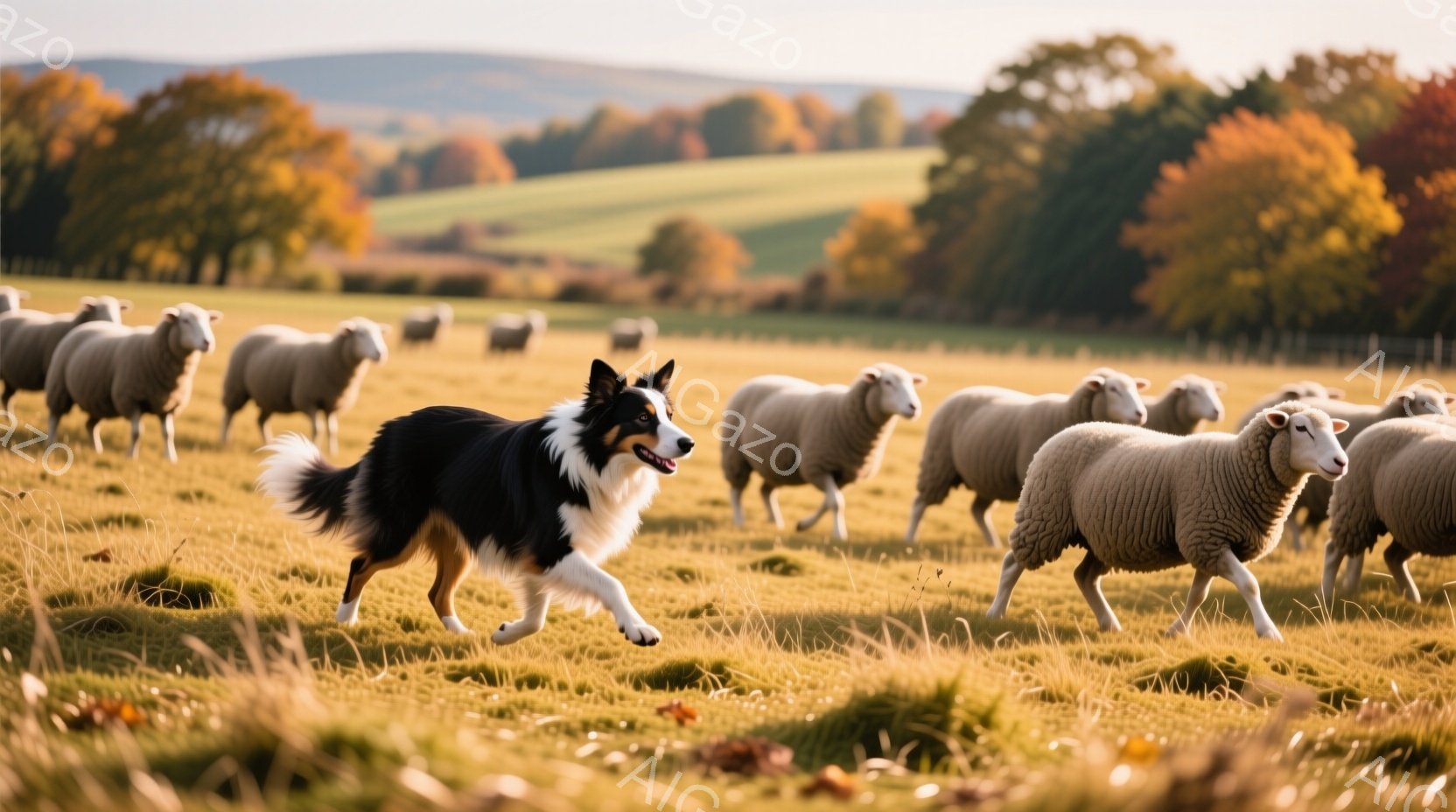 広大な緑の牧草地で、ボーダーコリーが羊の群れを追いかけている様子が捉えられています。コリーは黒と白の毛並みで、活発に走り、顔には楽しげな表情が見られます。背景には、秋の紅葉が美しい山々が広がり、穏やかで牧歌的な雰囲気が漂っています。