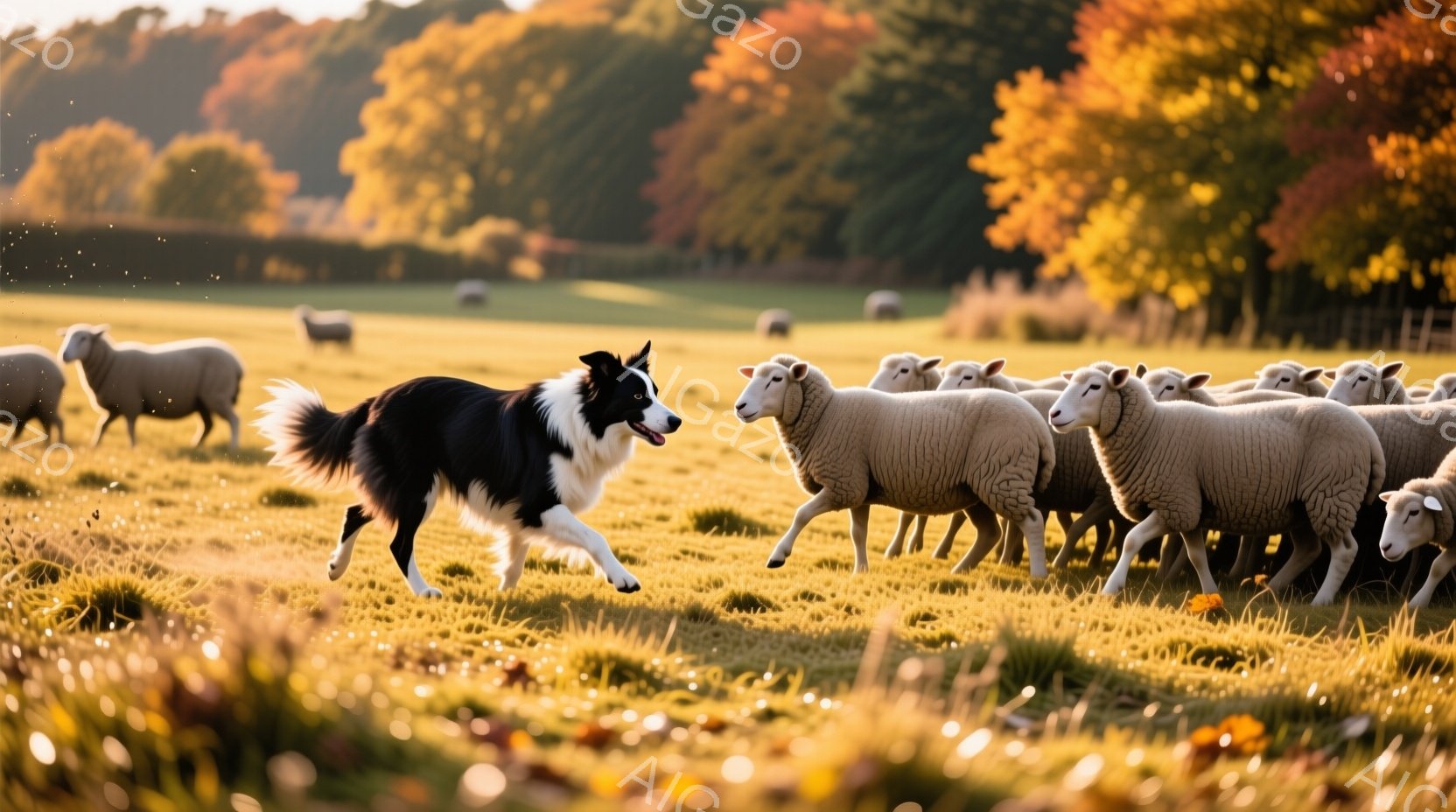 広大な緑の牧草地で、黒と白のボーダーコリーが羊の群れを先導して走っている。太陽の光が差し込み、牧草地全体が黄金色に輝き、背景には秋の紅葉が広がる木々が見える。この光景は、のどかで平和な田園風景を表現しており、動物たちの活気と自然の美しさが感じられる。