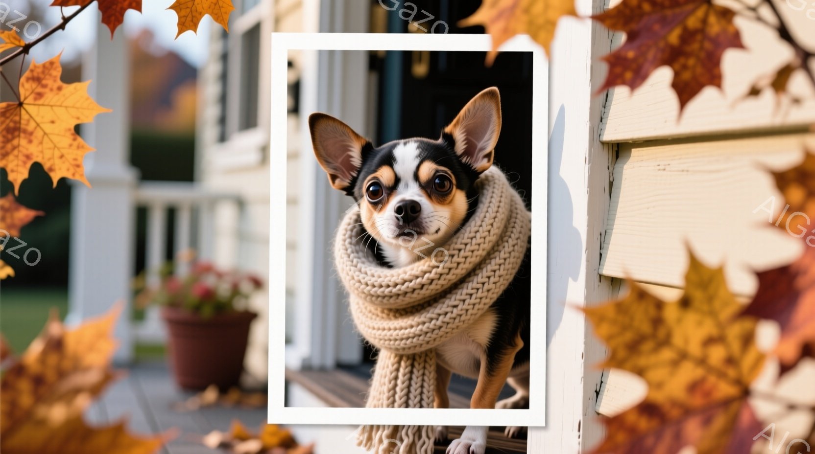小さなチワワが白いニットのネックウォーマーを巻いてカメラを見つめています。暖かな光が差し込むベランダに立ち、背景には白い壁の家と植物が見えます。秋らしい温かく優しい雰囲気が漂う、可愛らしい一枚です。 - AI生成フリー素材