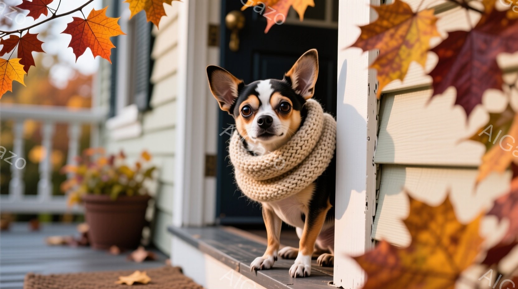 小さなチワワが、クリーム色の編み物のネックウォーマーを巻いて、家の玄関のステップに座っています。その表情は穏やかで、カメラの方をまっすぐ見つめています。背景には、秋らしい紅葉の葉が散りばめられ、温かみのある家庭的な雰囲気を醸し出しています。
