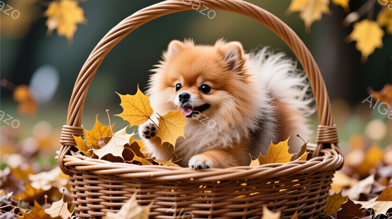 ふわふわのオレンジ色のポメラニアンが、茶色のバスケットの中から顔を出し、嬉しそうに舌をペロリと出しています。背景は落ち葉で覆われ、秋の暖かく穏やかな雰囲気が漂っています。バスケットと落ち葉の色合いが、 - AI生成フリー素材
