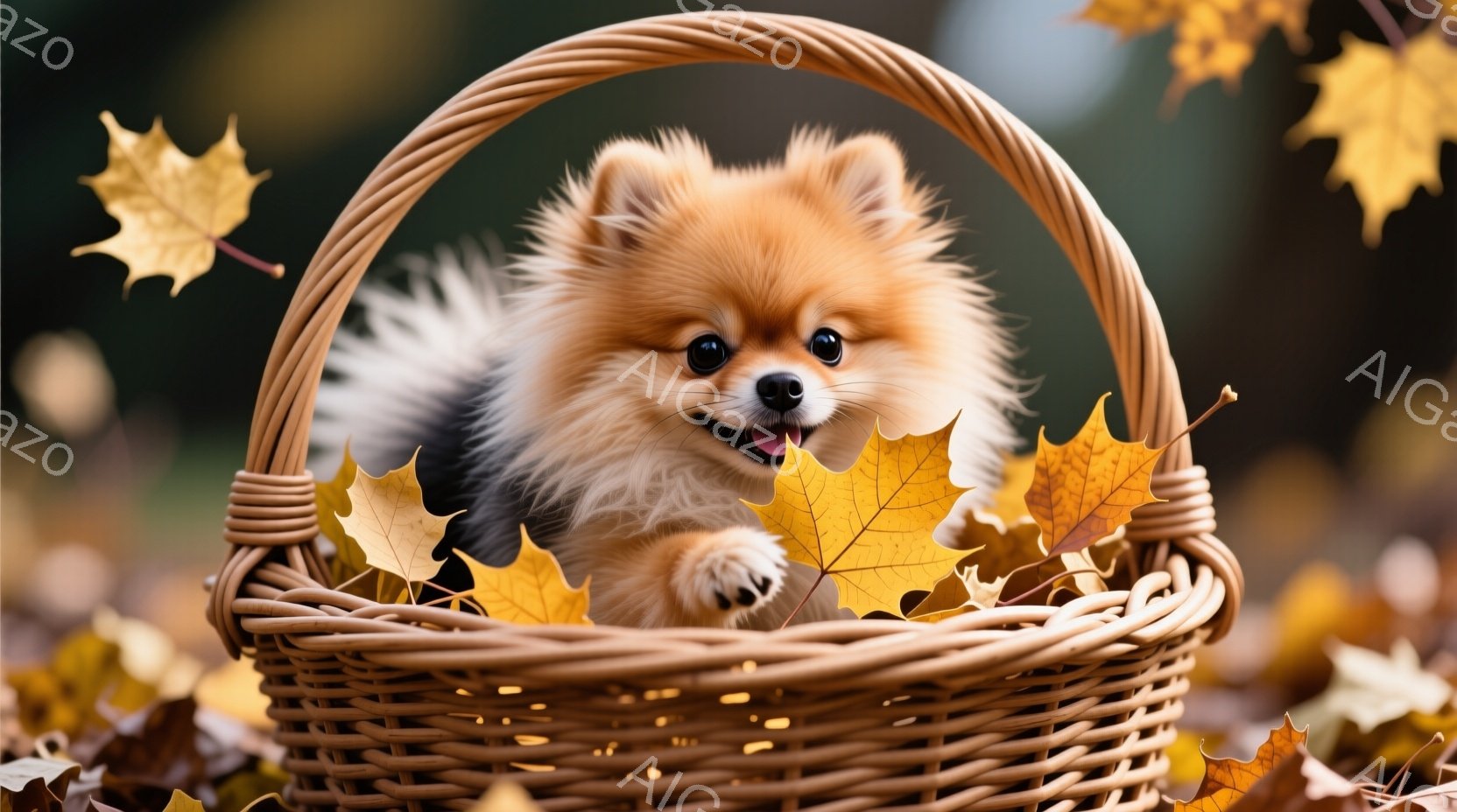 明るい茶色の毛並みを持つポメラニアンが、茶色のバスケットの中に座って微笑んでいます。周りには黄色やオレンジ色の落ち葉が舞い散り、秋の雰囲気を感じさせます。背景はぼかされており、自然の中でリラックスした - AI生成フリー素材