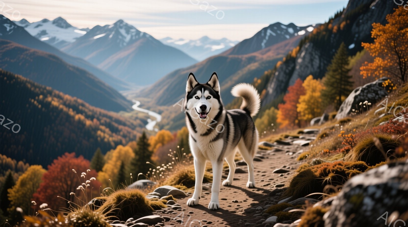 白と黒の美しいシベリアンハスキーが、秋色の山道を堂々と歩いている。背景には、紅葉に染まった山々が連なり、遠くには雪を抱いた山頂が見える美しい風景が広がっている。全体的に晴天で、暖かく鮮やかな色彩が、犬の凛とした姿を引き立てている。