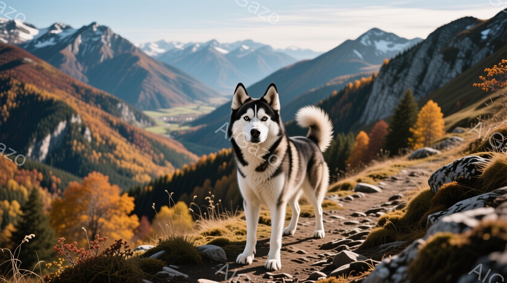 白と黒のシベリアンハスキーが、秋の山岳地帯の小道に立っている。背景には、色とりどりの紅葉に覆われた山々が広がり、晴天の下、暖かい日差しが差し込んでいる。ハスキーは自信に満ちた表情でカメラを見つめ、その - AI生成フリー素材