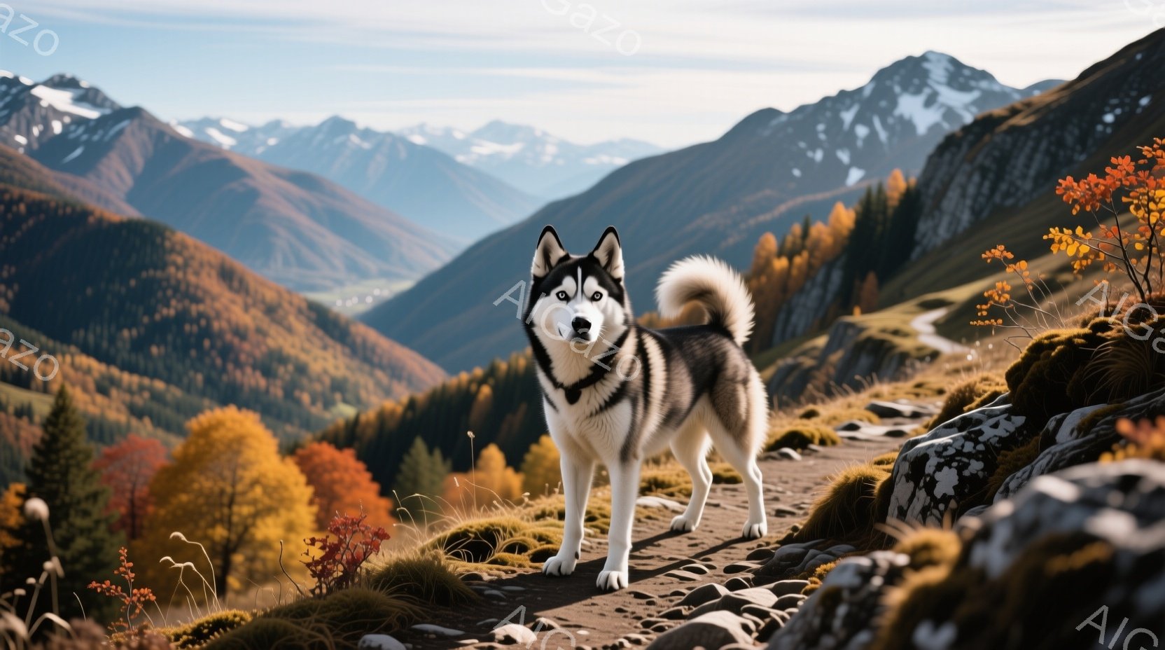 白と黒の毛並みのシベリアンハスキーが、秋色の山々を背景に、岩だらけの小道に立っている。犬は正面を見据え、凛々しい表情で、秋の鮮やかな紅葉と遠くの雪山を背景に、力強い印象を与えている。背景は、鮮やかなオ - AI生成フリー素材
