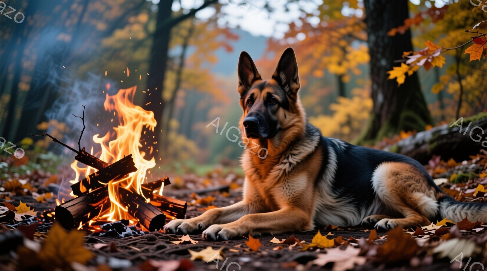 鮮やかな紅葉の敷き詰まった森の中で、ジャーマンシェパードがリラックスして横たわっています。犬は落ち着いた表情で正面を見ており、その傍らには暖かく燃え盛る焚き火があります。背景は秋の色彩に染まった木々で - AI生成フリー素材