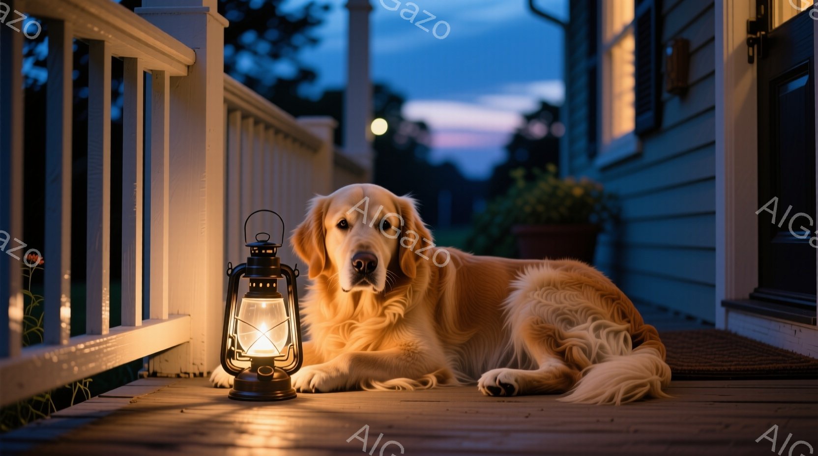 明るい木製のデッキに、ゴールデンレトリバーがリラックスして横たわっています。背後には、薄暗い玄関と植物が見え、手前には灯油ランタンが置かれ、温かい光を放っています。夕暮れ時の空は淡いピンクと青が混ざり - AI生成フリー素材