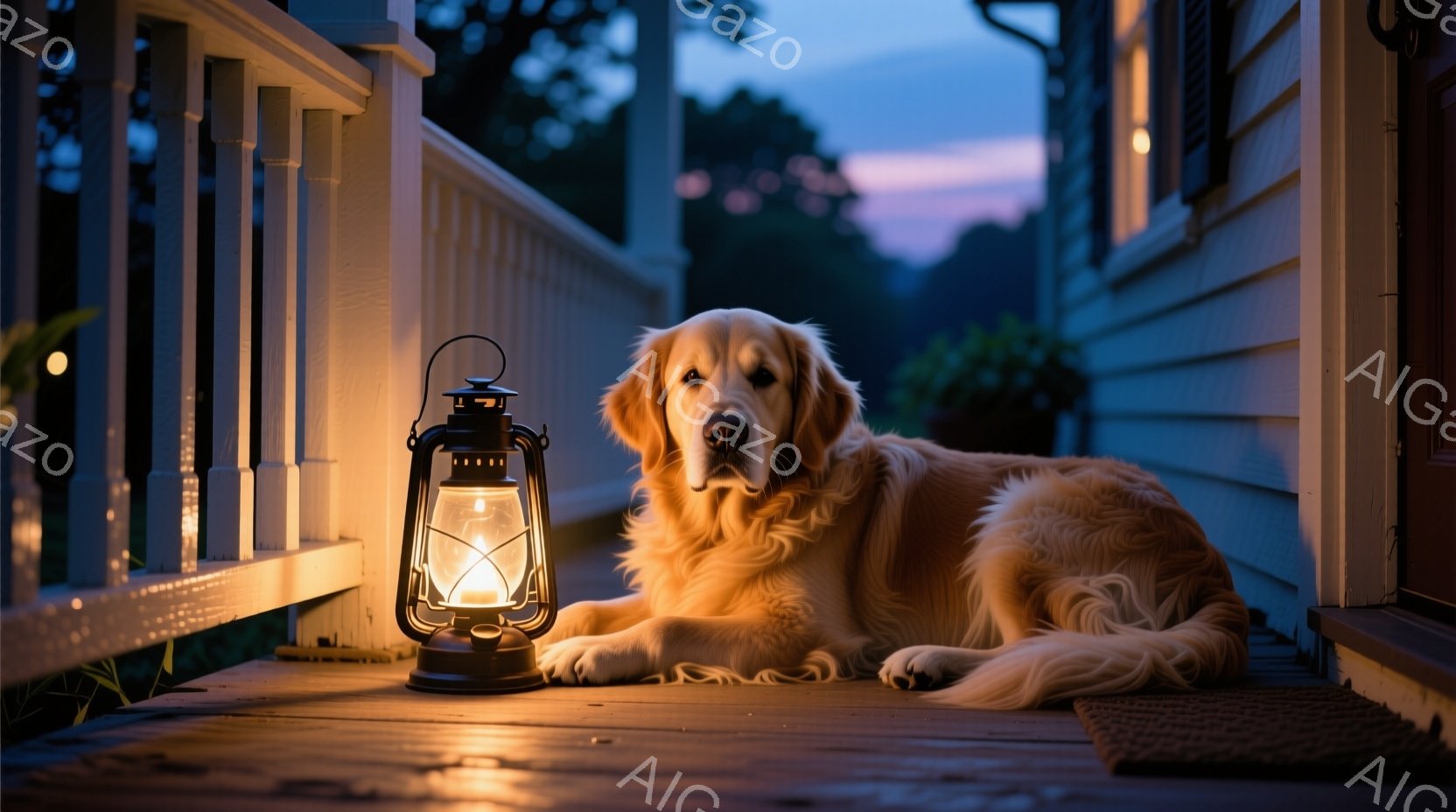 薄暗いベランダに、金色の毛並みの大型犬が横たわっています。犬は正面を少し見上げ、穏やかな表情をしています。背景には木製の柵と、夕焼けの空が広がり、暖かく落ち着いた雰囲気を醸し出しています。