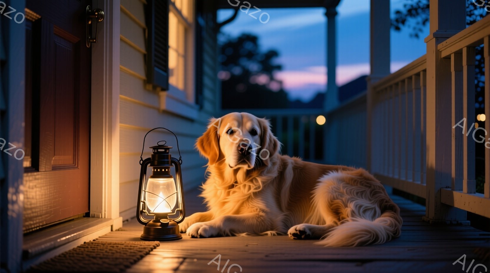 黄金色のレトリバー犬が木製のベランダでリラックスして横たわっており、そのそばには灯りが灯ったランタンが置かれている。背景には薄暗い夕暮れの空と建物のシルエットが見え、穏やかで暖かい雰囲気を醸し出してい - AI生成フリー素材